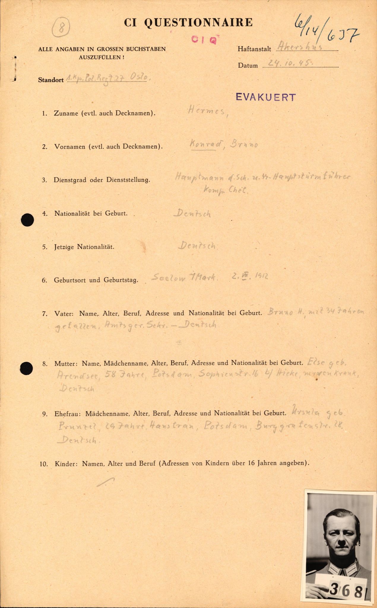 Forsvaret, Forsvarets overkommando II, AV/RA-RAFA-3915/D/Db/L0013: CI Questionaires. Tyske okkupasjonsstyrker i Norge. Tyskere., 1945-1946, p. 34