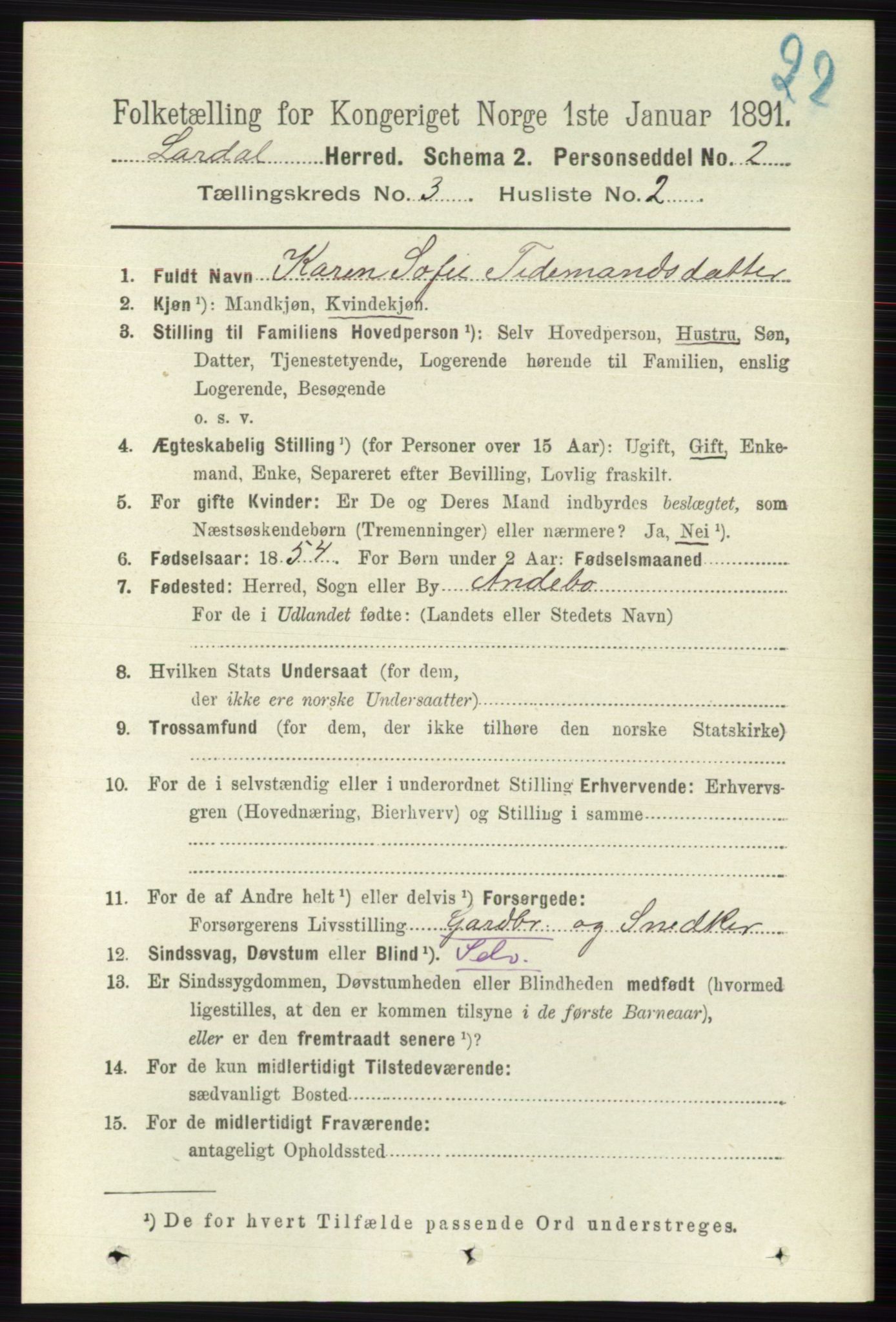 RA, 1891 census for 0728 Lardal, 1891, p. 1334