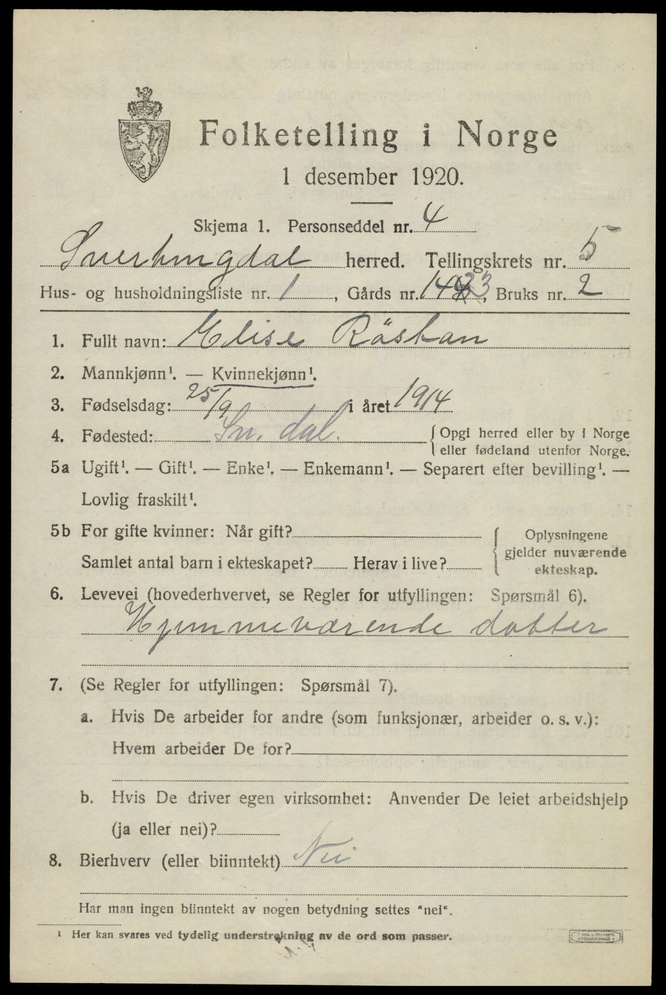 SAH, 1920 census for Snertingdal, 1920, p. 4279