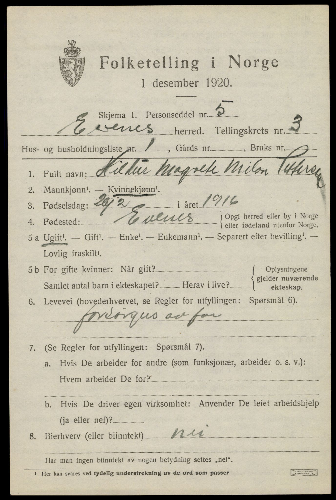 SAT, 1920 census for Evenes, 1920, p. 2960