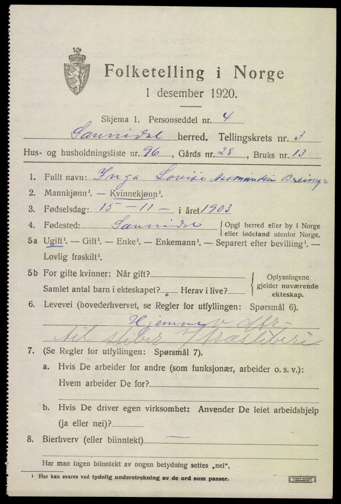 SAKO, 1920 census for Sannidal, 1920, p. 3325