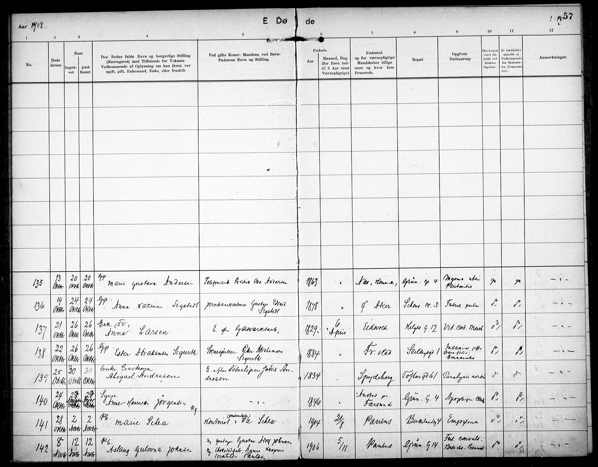 Paulus prestekontor Kirkebøker, AV/SAO-A-10871/F/Fa/L0018: Parish register (official) no. 18, 1906-1915, p. 57