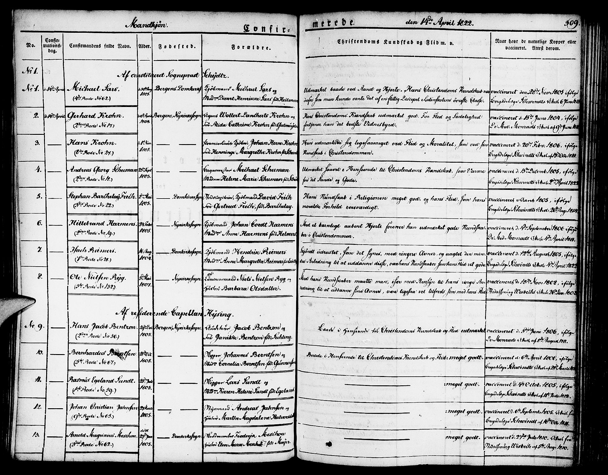 Nykirken Sokneprestembete, SAB/A-77101/H/Haa/L0012: Parish register (official) no. A 12, 1821-1844, p. 309