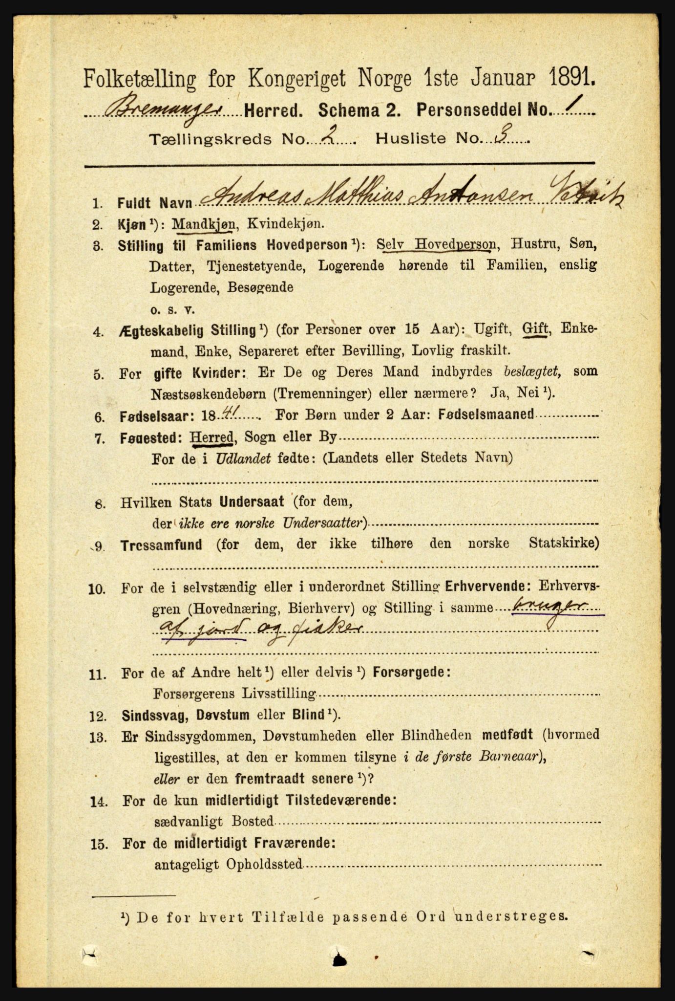 RA, 1891 census for 1438 Bremanger, 1891, p. 662