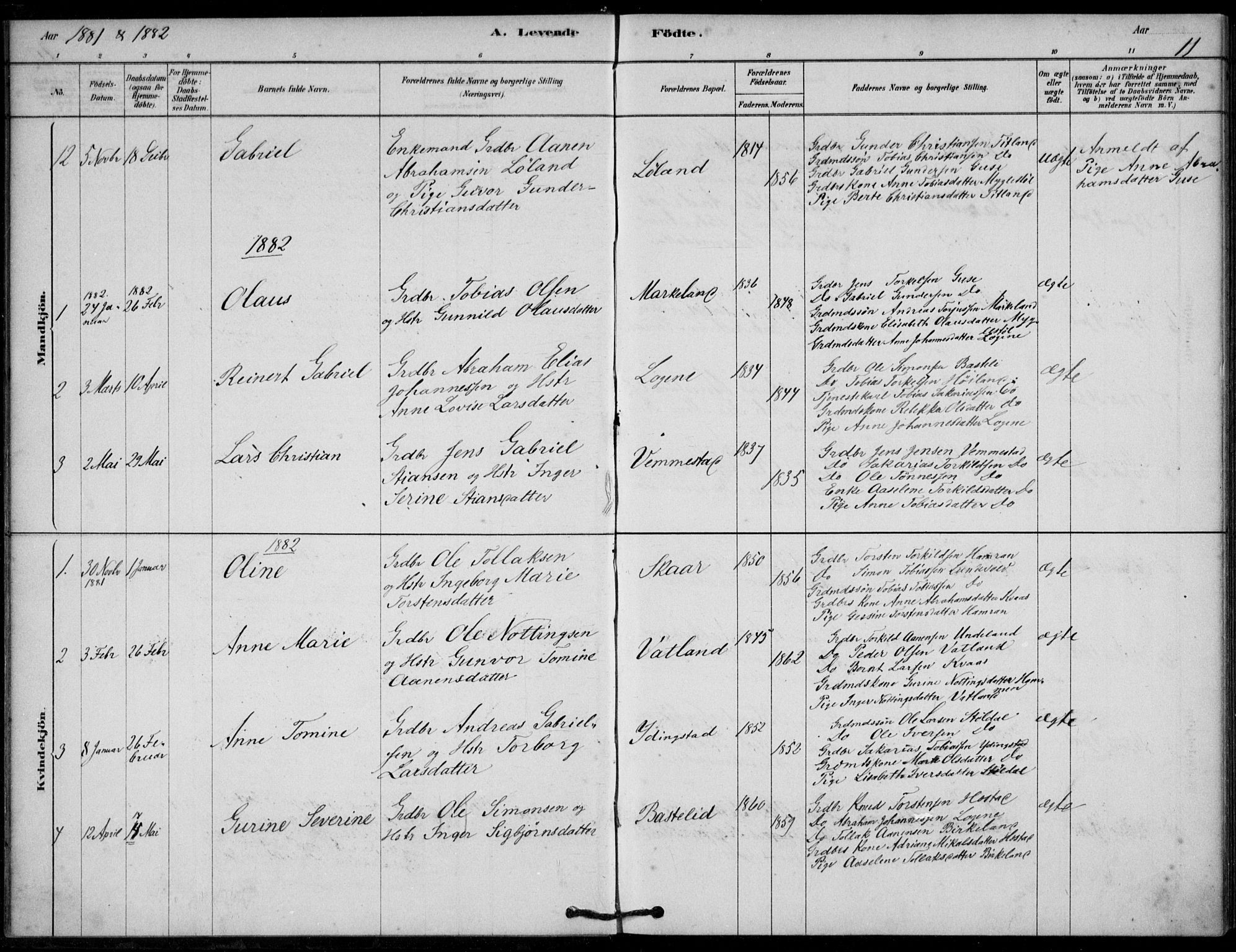 Lyngdal sokneprestkontor, AV/SAK-1111-0029/F/Fa/Fab/L0003: Parish register (official) no. A 3, 1878-1903, p. 11