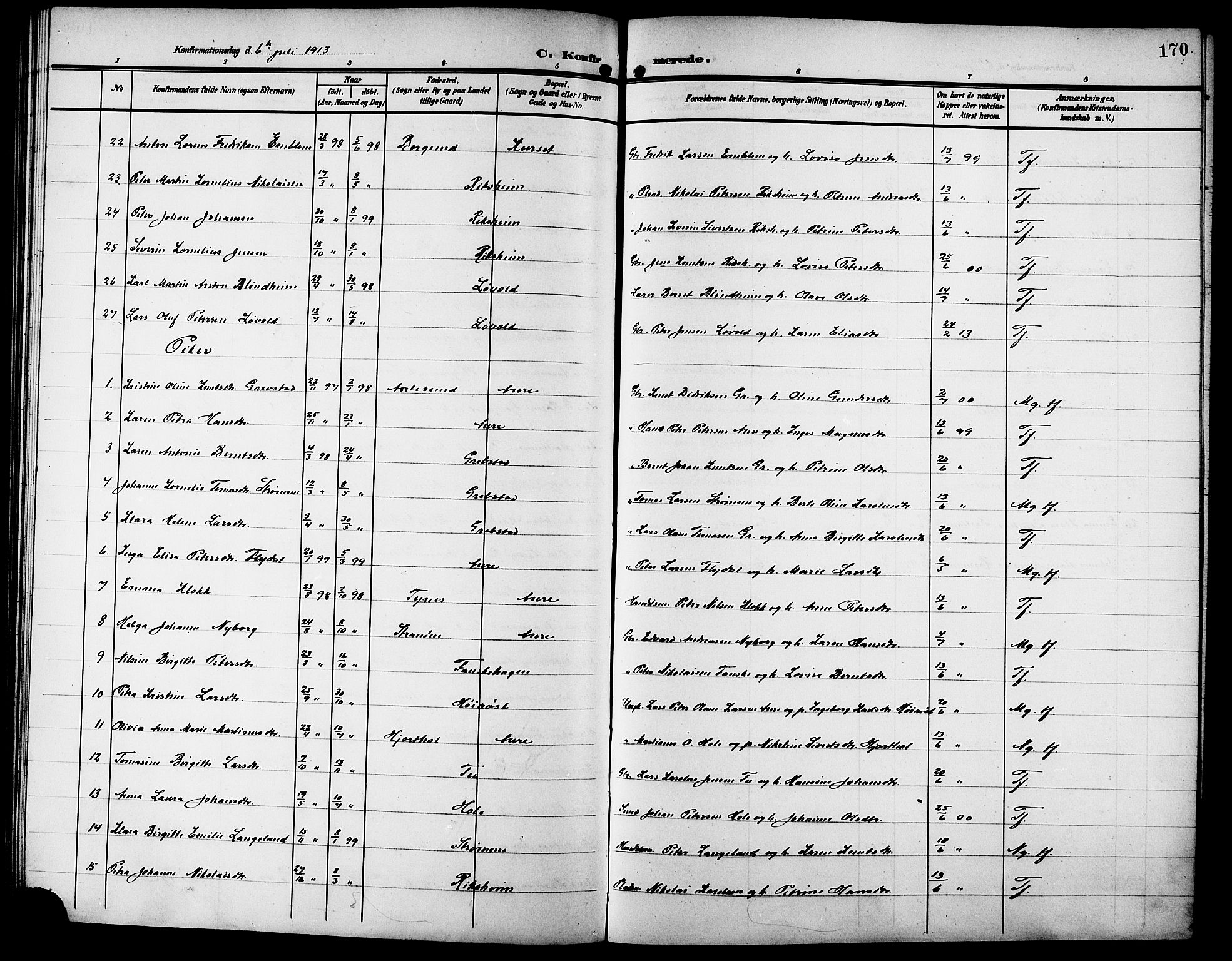 Ministerialprotokoller, klokkerbøker og fødselsregistre - Møre og Romsdal, SAT/A-1454/523/L0341: Parish register (copy) no. 523C04, 1903-1916, p. 170