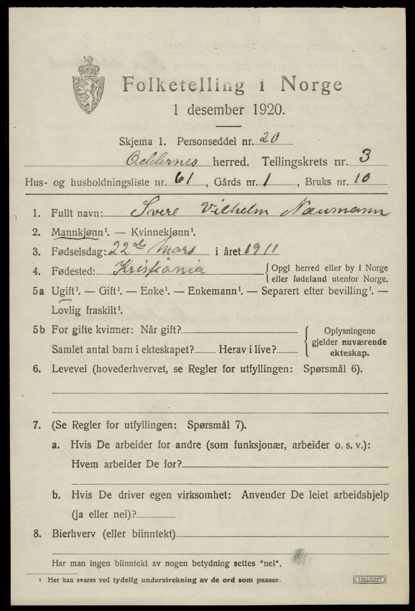 SAK, 1920 census for Oddernes, 1920, p. 4055