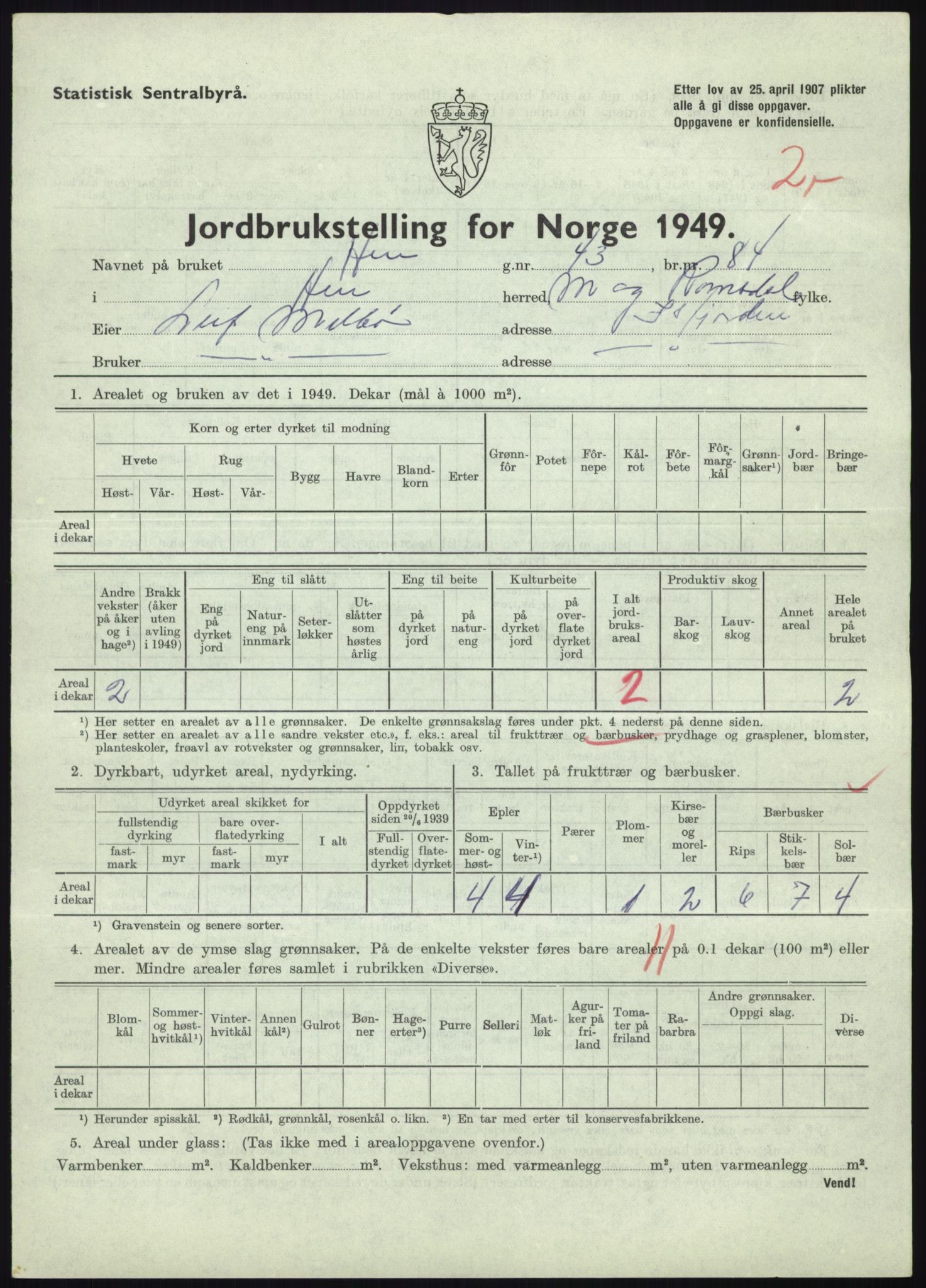 Statistisk sentralbyrå, Næringsøkonomiske emner, Jordbruk, skogbruk, jakt, fiske og fangst, AV/RA-S-2234/G/Gc/L0323: Møre og Romsdal: Grytten og Hen, 1949, p. 477