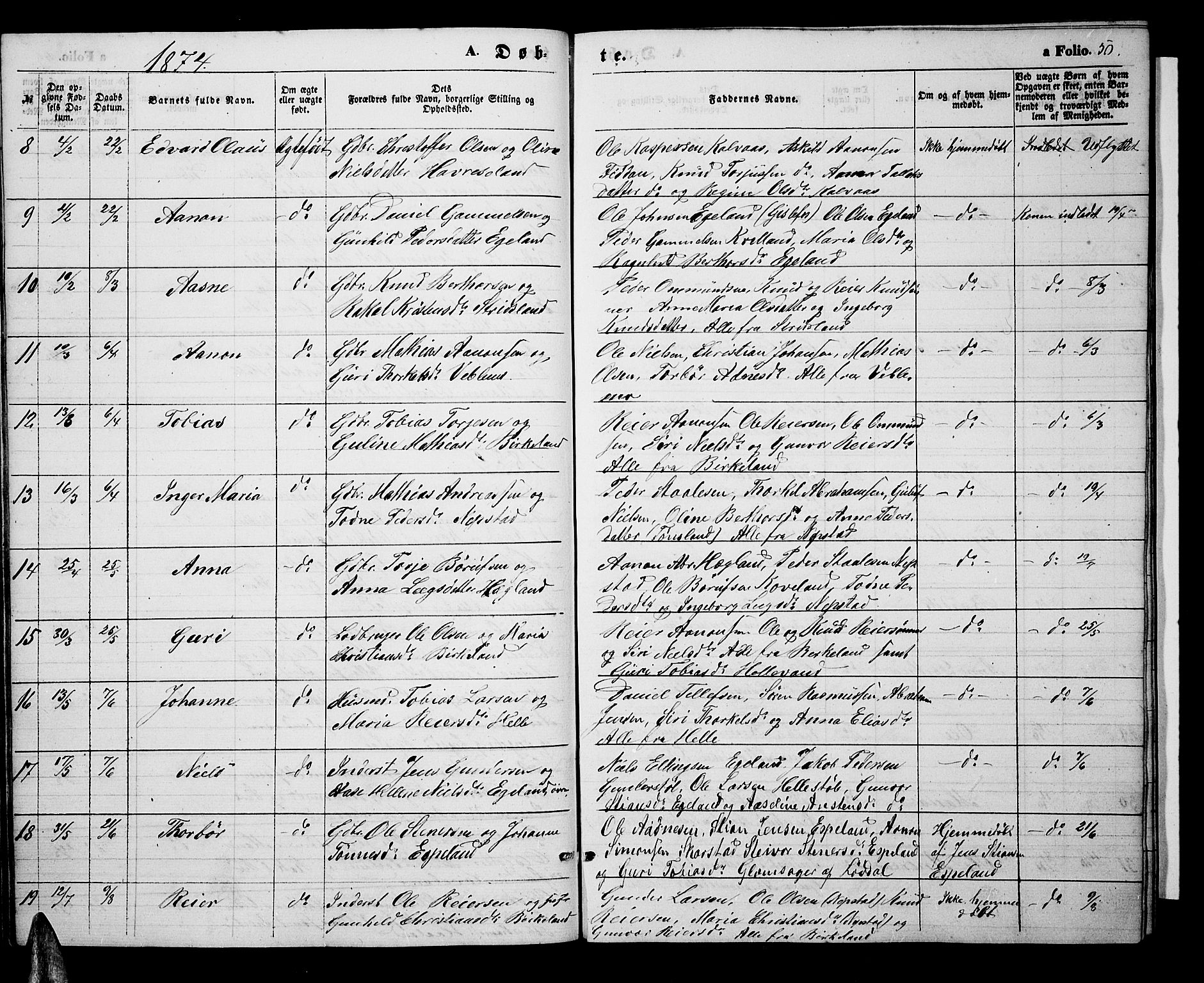 Nord-Audnedal sokneprestkontor, SAK/1111-0032/F/Fb/Fba/L0002: Parish register (copy) no. B 2, 1856-1882, p. 50