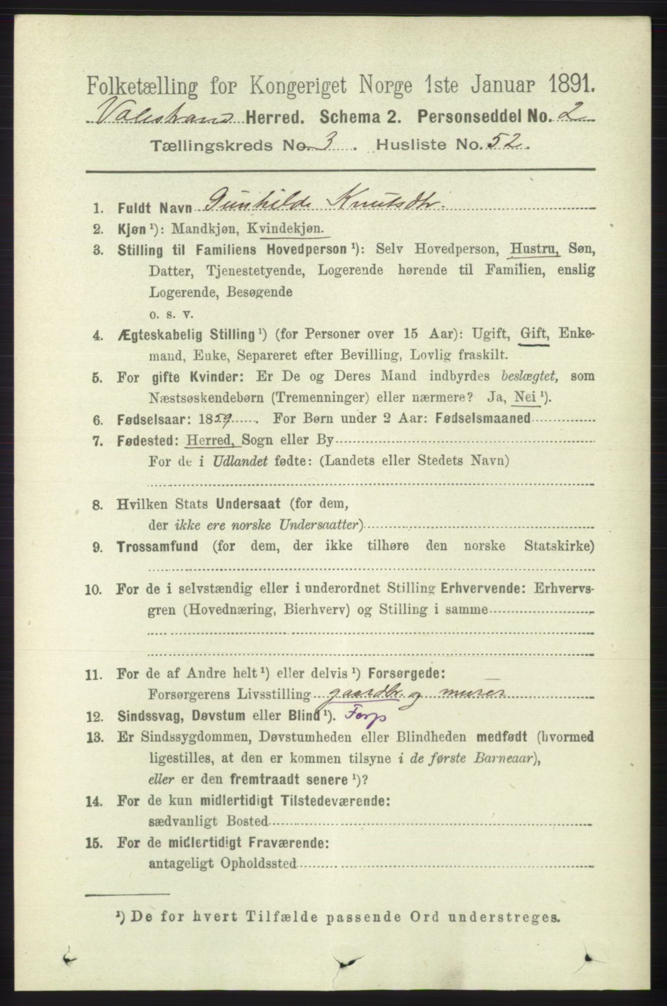 RA, 1891 census for 1217 Valestrand, 1891, p. 823