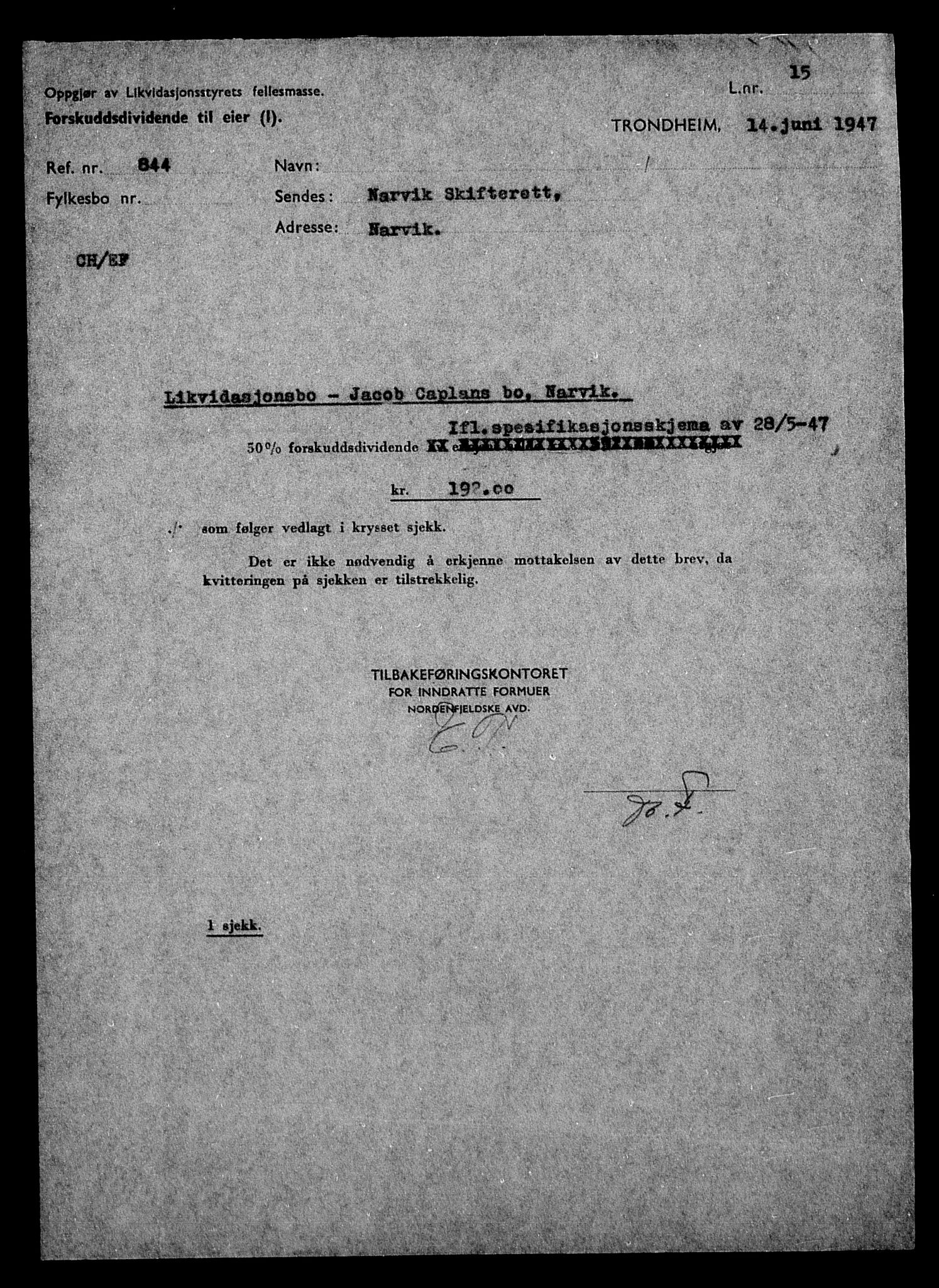 Justisdepartementet, Tilbakeføringskontoret for inndratte formuer, AV/RA-S-1564/H/Hc/Hcb/L0911: --, 1945-1947, p. 419