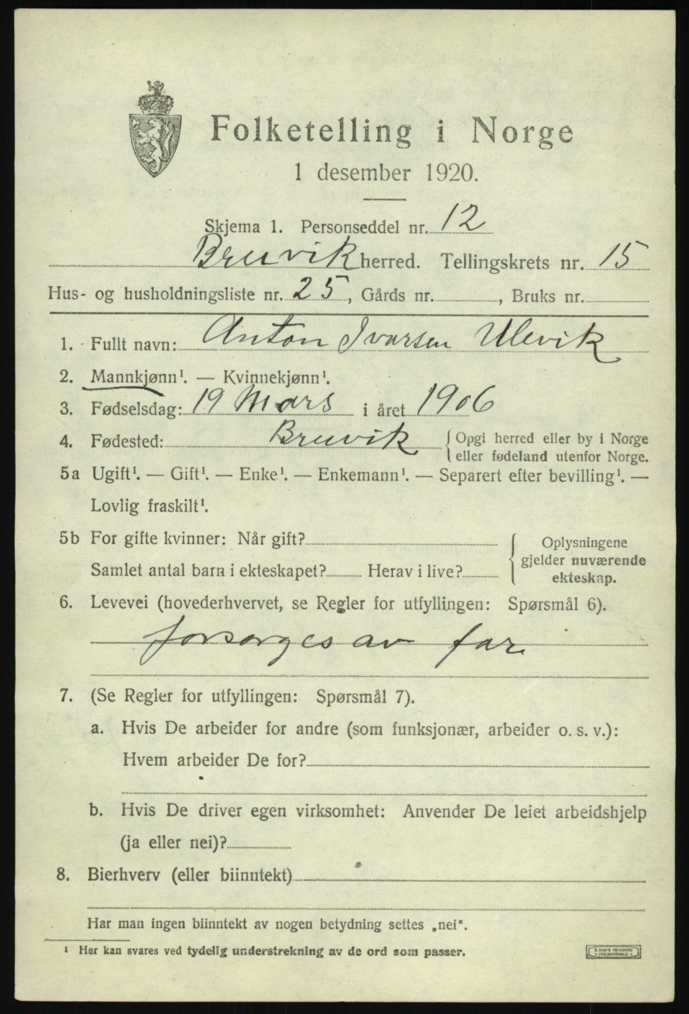 SAB, 1920 census for Bruvik, 1920, p. 9522