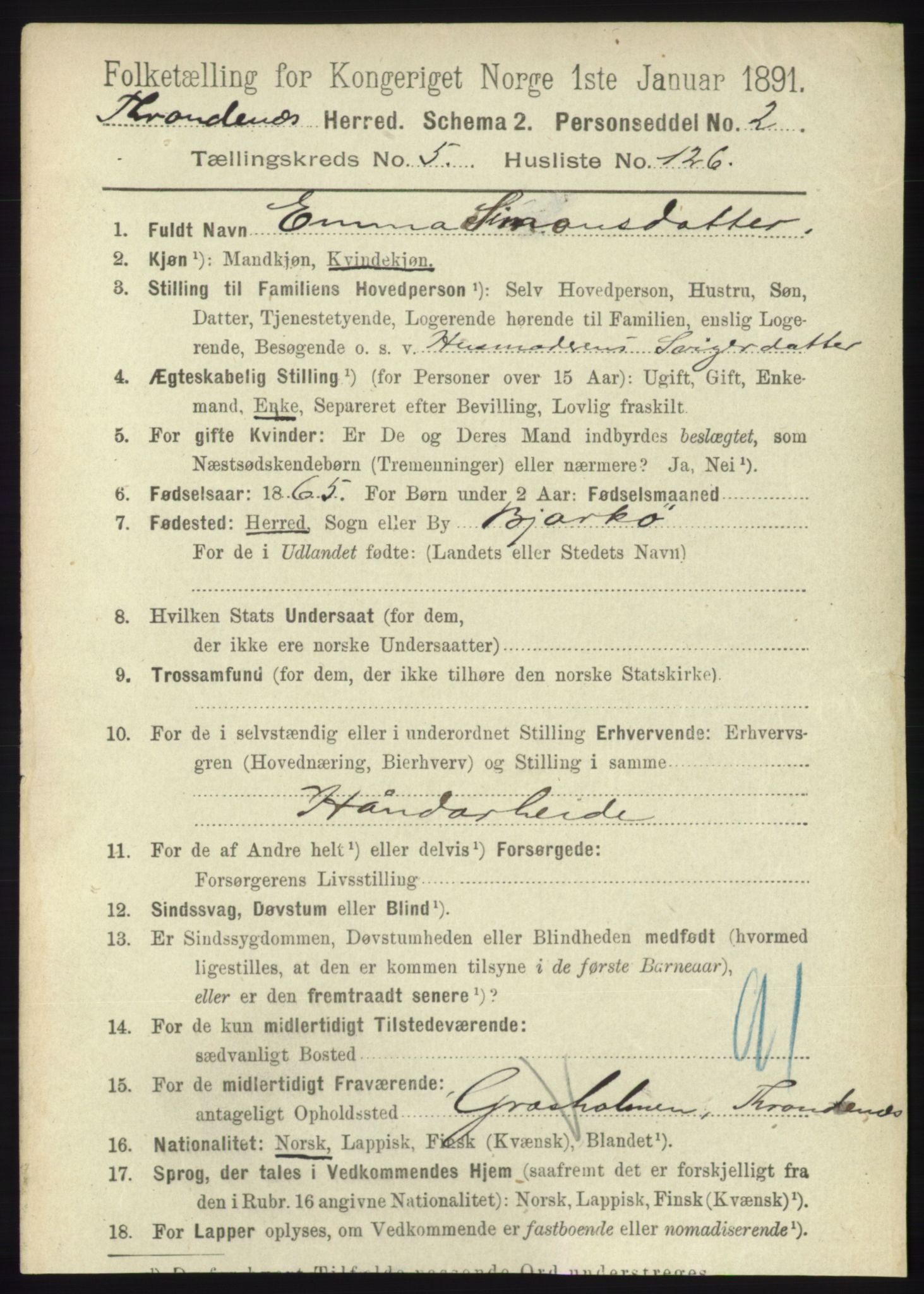 RA, 1891 census for 1914 Trondenes, 1891, p. 3741