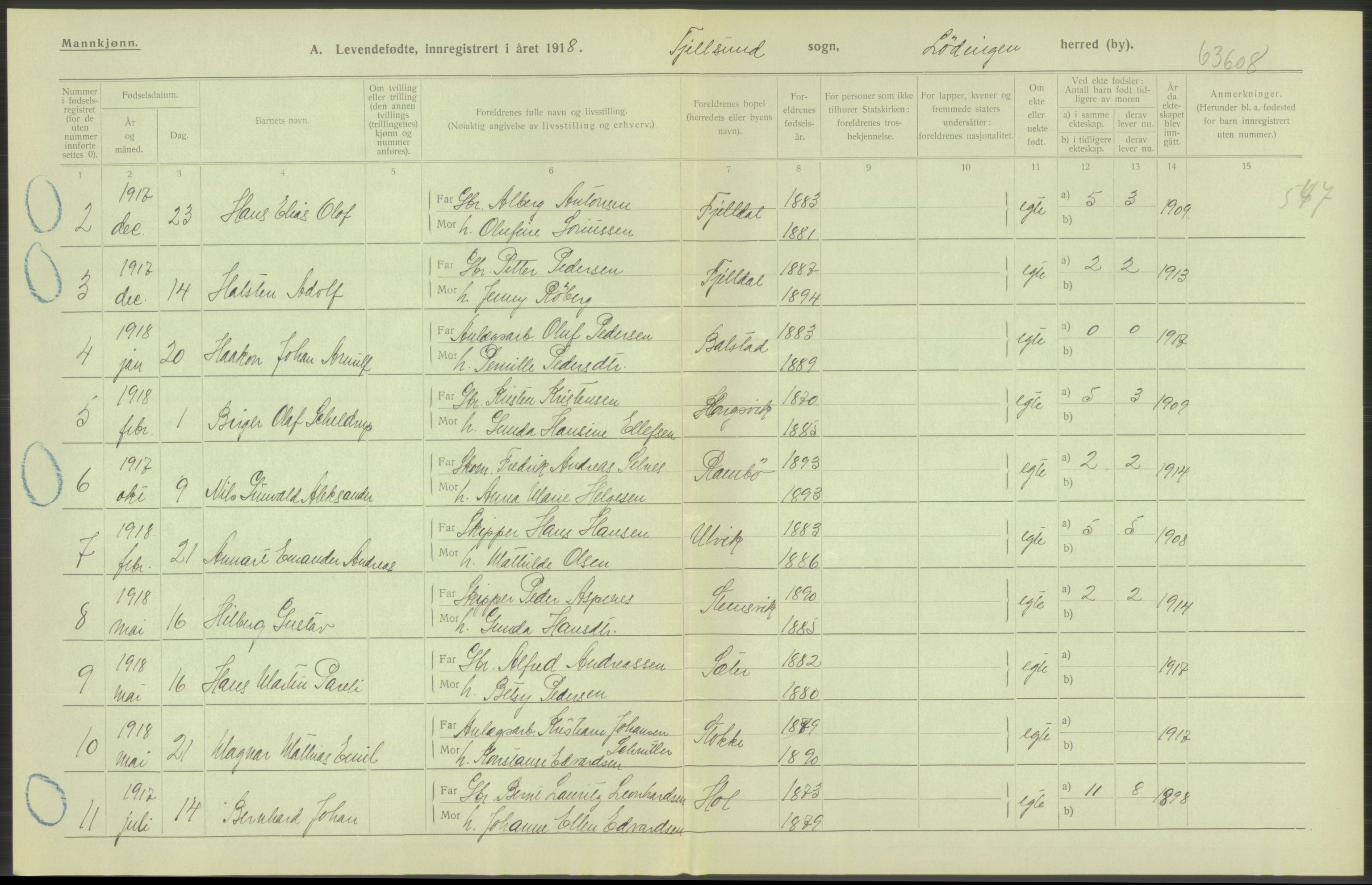 Statistisk sentralbyrå, Sosiodemografiske emner, Befolkning, RA/S-2228/D/Df/Dfb/Dfbh/L0052: Nordland fylke: Levendefødte menn og kvinner. Bygder., 1918, p. 412