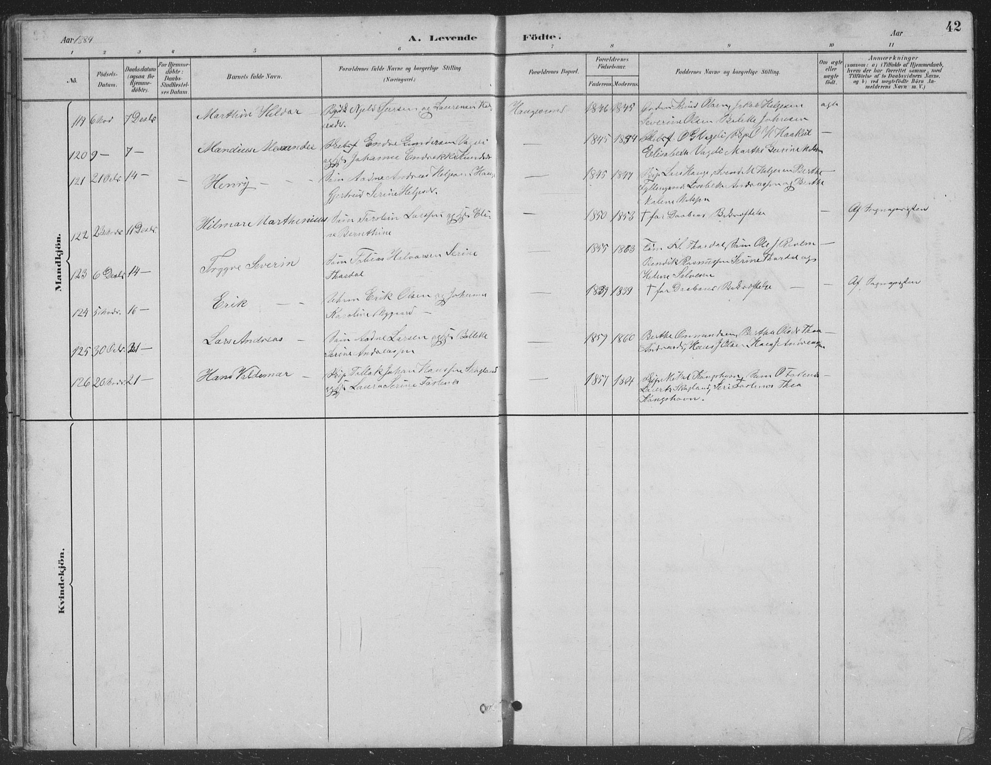 Haugesund sokneprestkontor, AV/SAST-A -101863/H/Ha/Hab/L0002: Parish register (copy) no. B 2, 1881-1894, p. 42