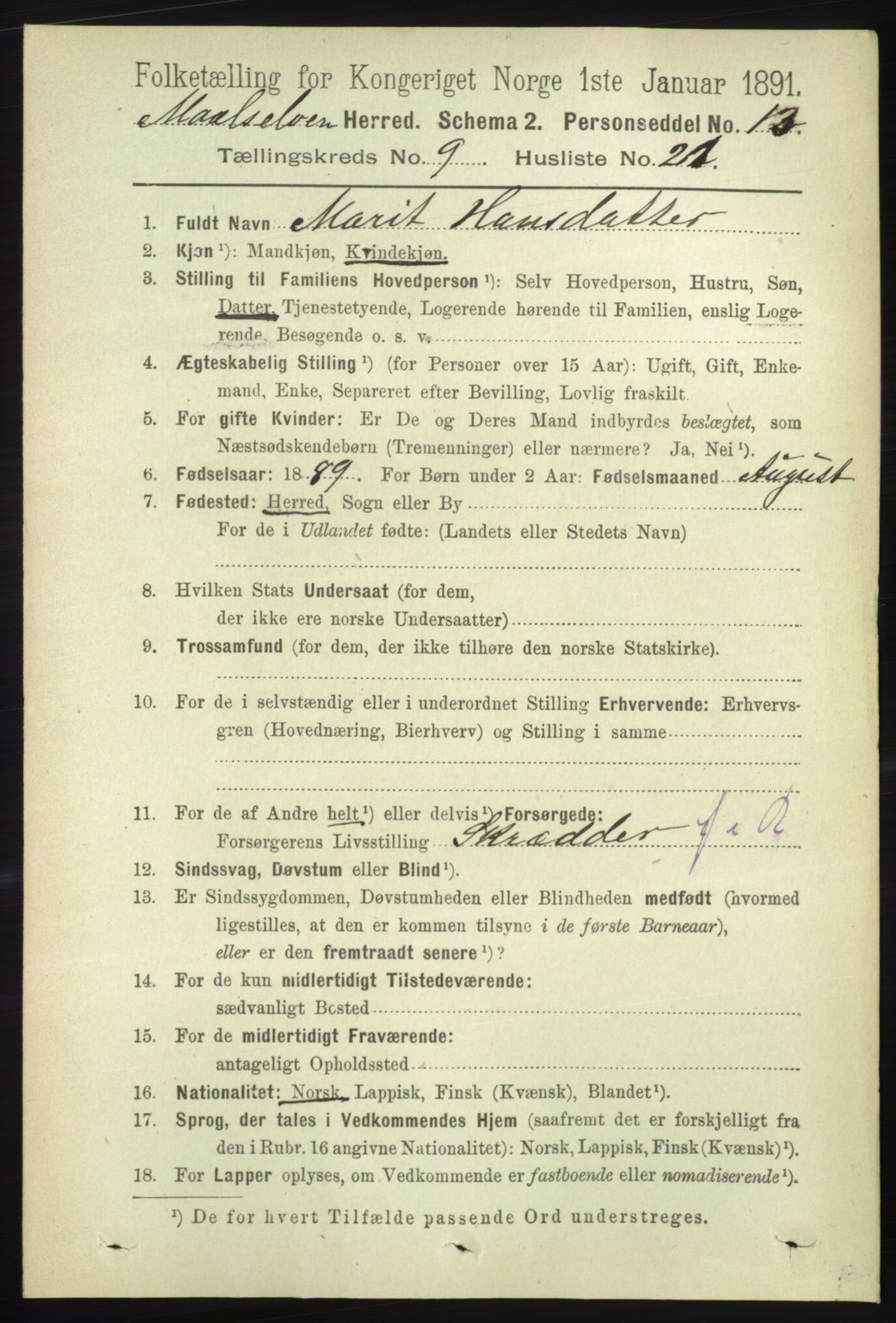 RA, 1891 census for 1924 Målselv, 1891, p. 2898