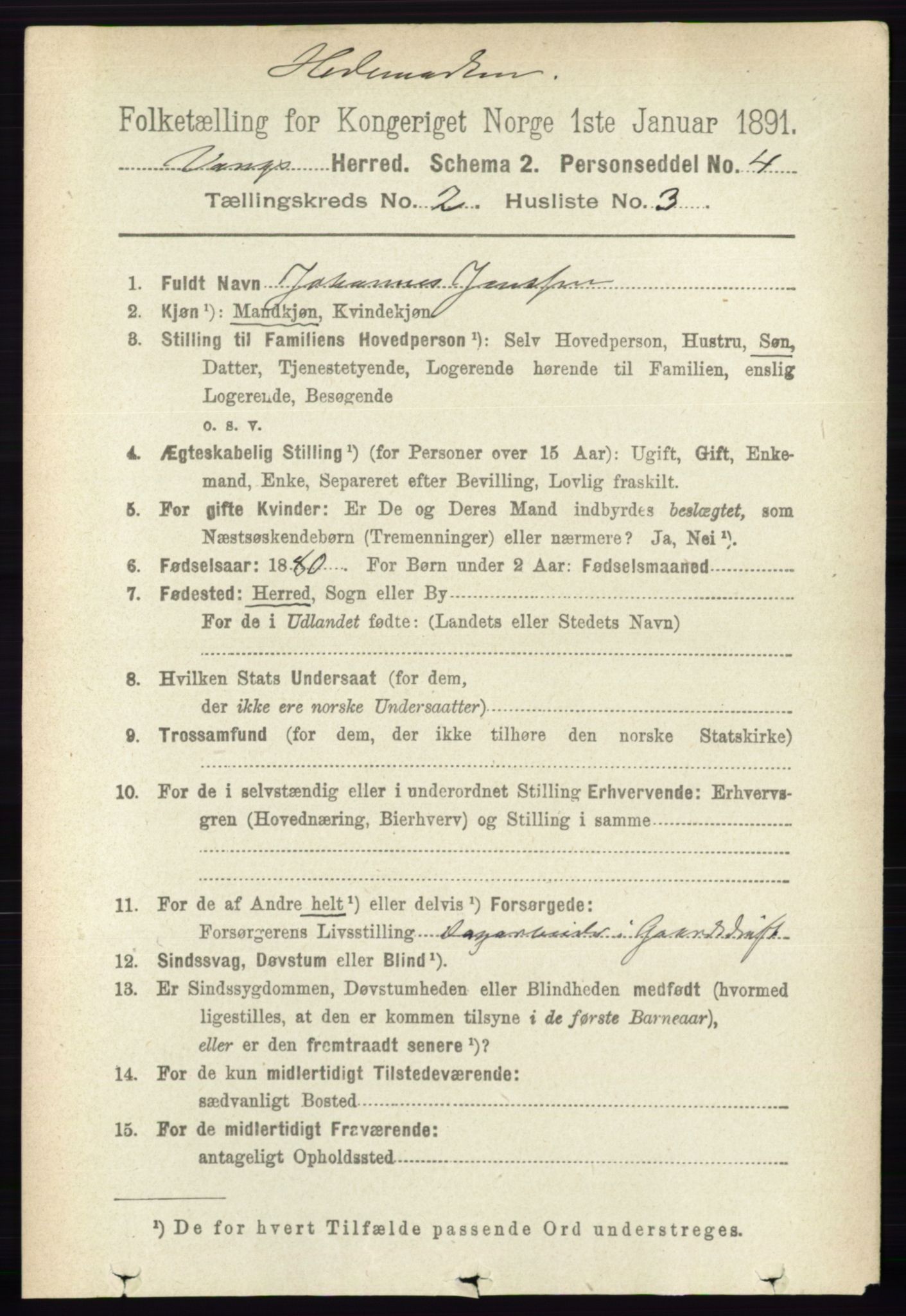 RA, 1891 census for 0414 Vang, 1891, p. 1052