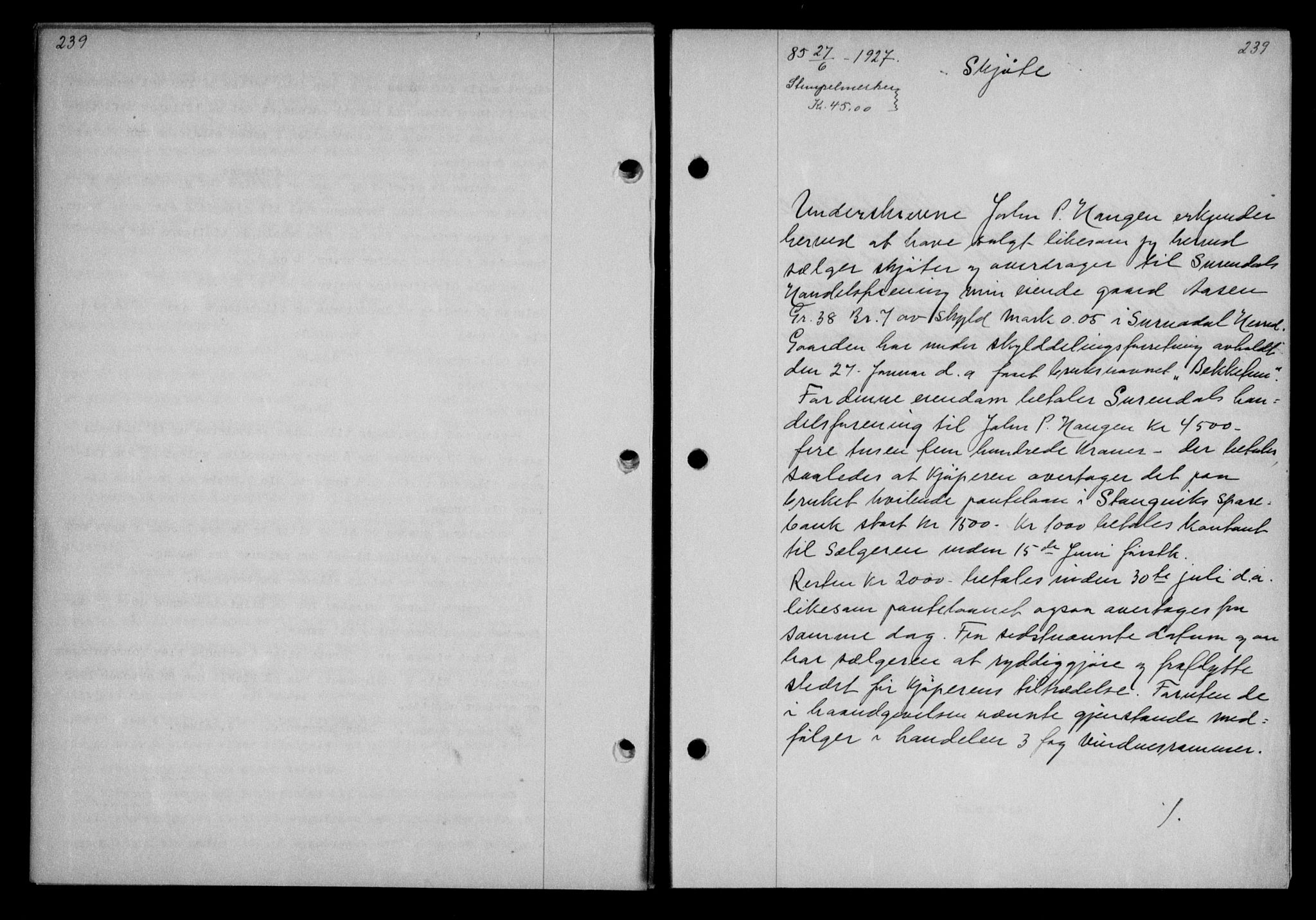 Nordmøre sorenskriveri, AV/SAT-A-4132/1/2/2Ca/L0062: Mortgage book no. 52, 1927-1927, Deed date: 27.06.1927