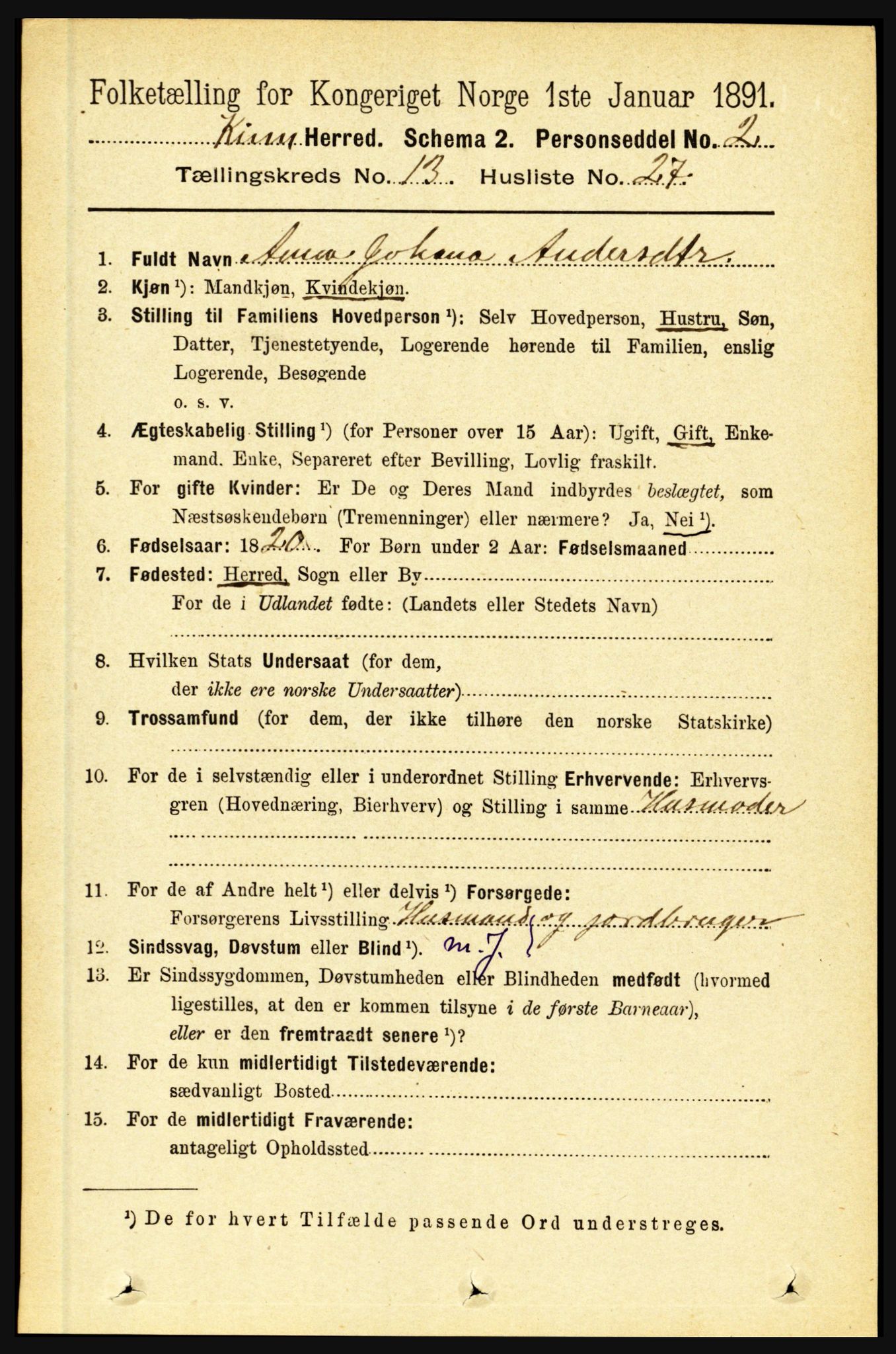 RA, 1891 census for 1437 Kinn, 1891, p. 5249