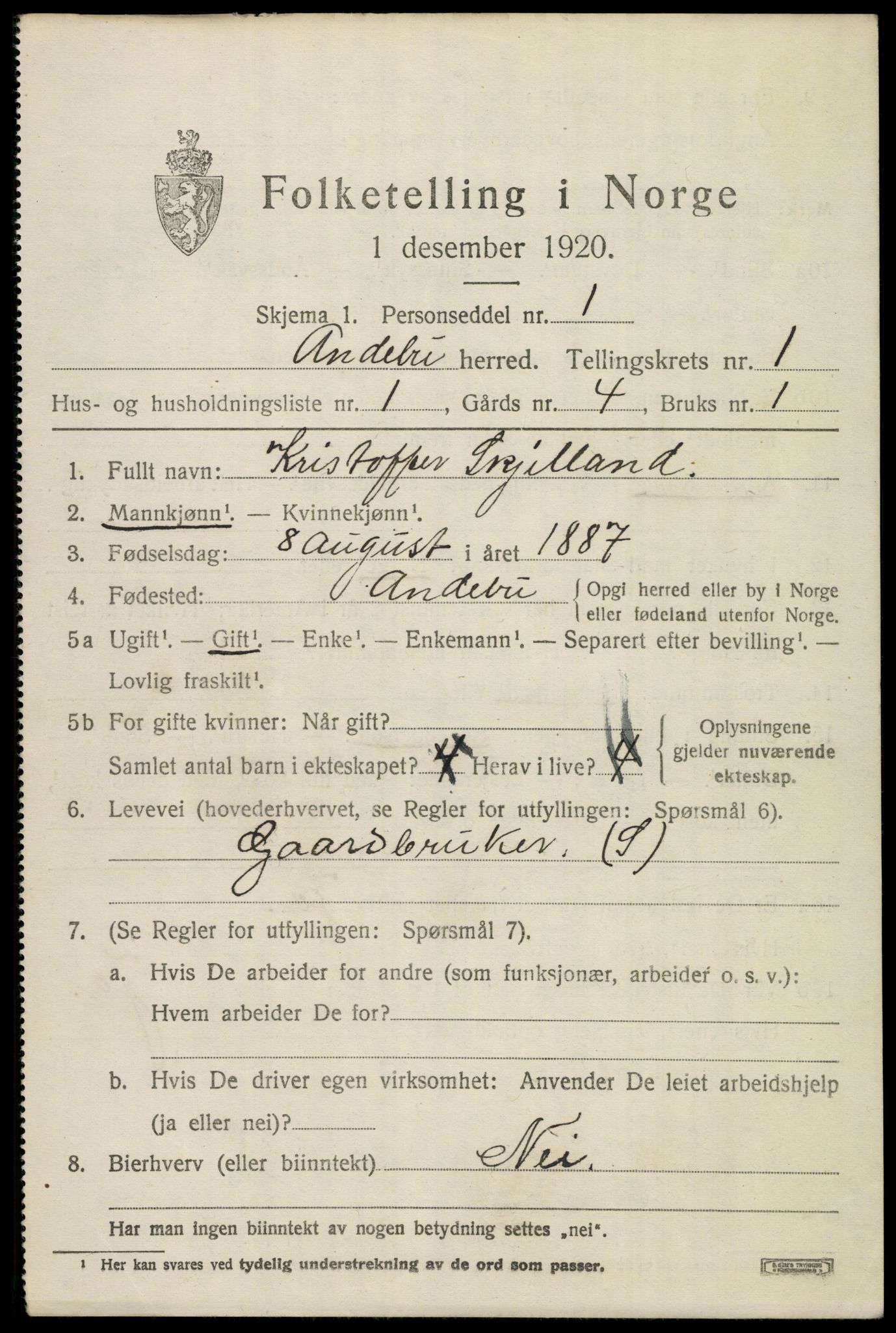 SAKO, 1920 census for Andebu, 1920, p. 1164