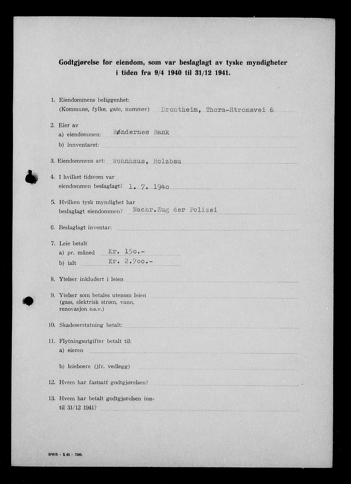 Justisdepartementet, Tilbakeføringskontoret for inndratte formuer, AV/RA-S-1564/I/L1018: Godtgjørelse for beslaglagt eiendom, 1940-1941, p. 11