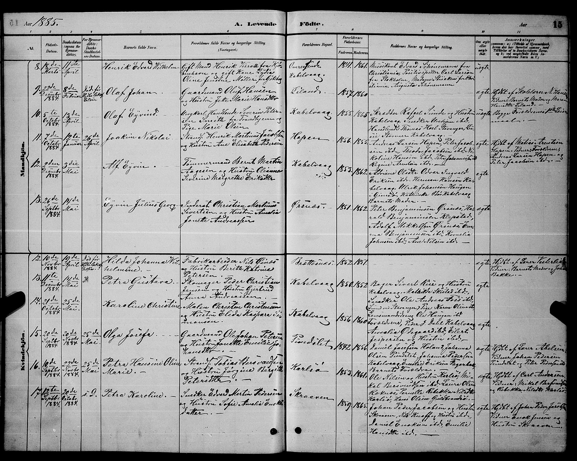 Ministerialprotokoller, klokkerbøker og fødselsregistre - Nordland, AV/SAT-A-1459/874/L1076: Parish register (copy) no. 874C05, 1884-1890, p. 15