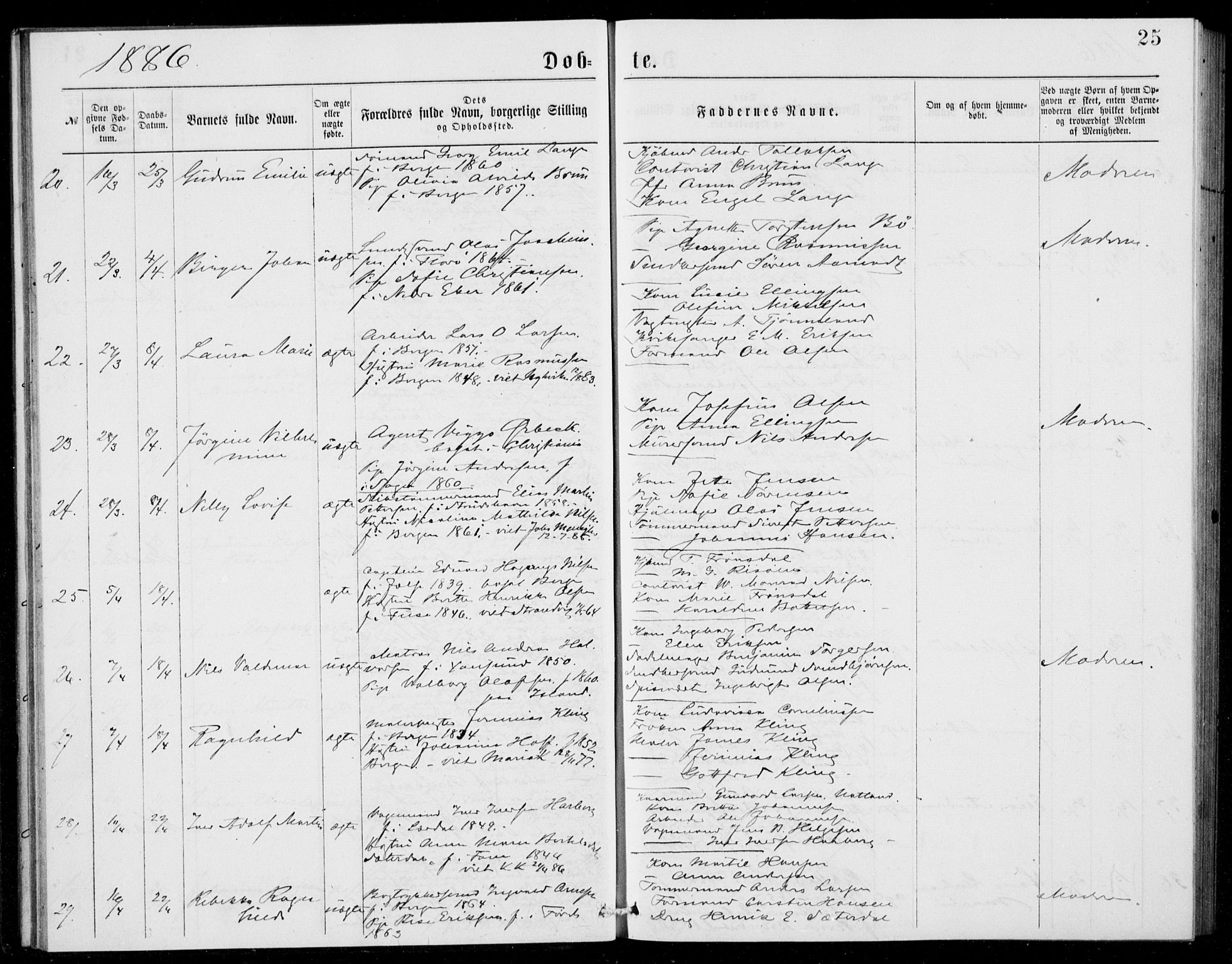 Fødselsstiftelsens sokneprestembete, ført av overlegen*, SAB/-: Parish register (official) no. A 2, 1884-1900, p. 25