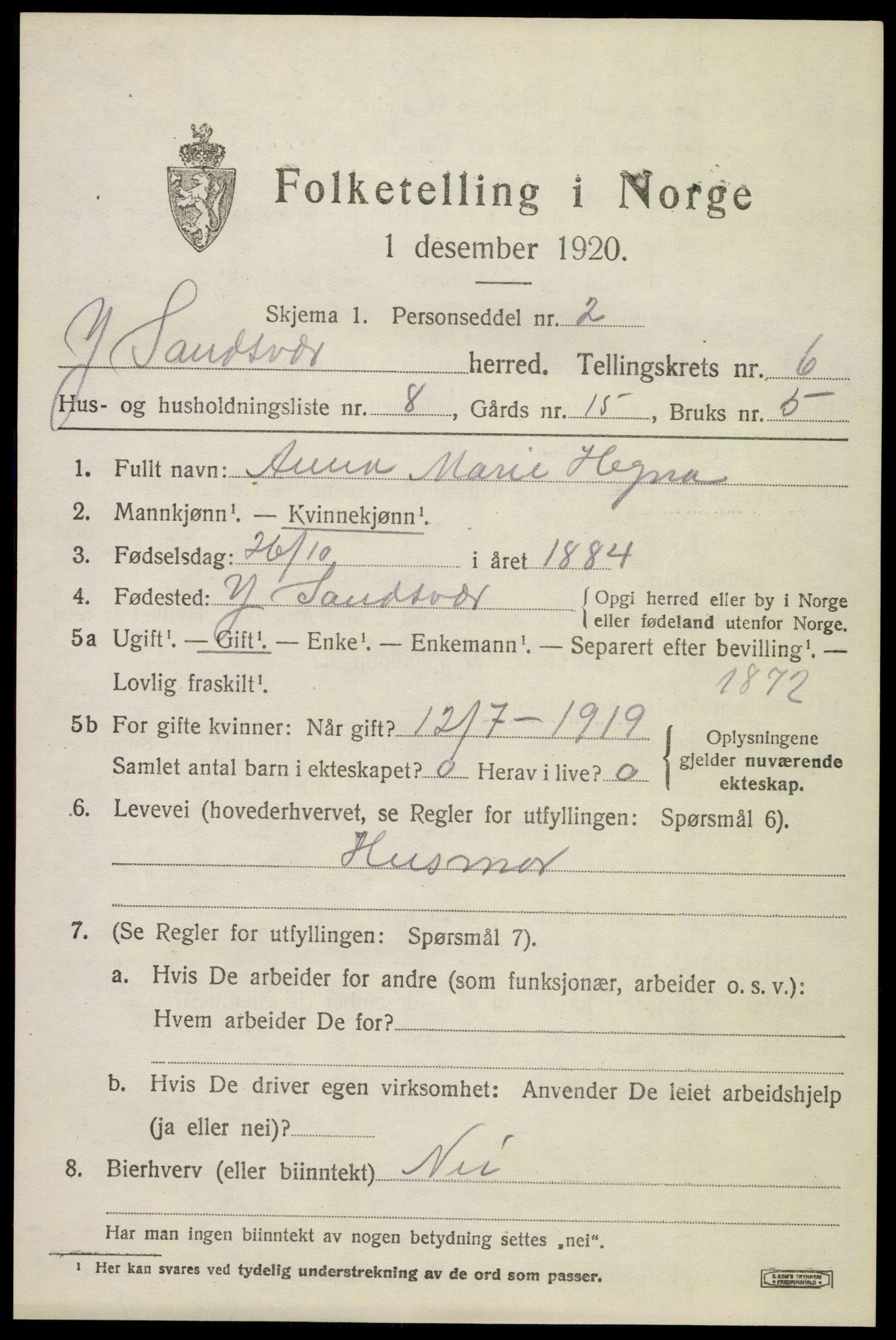 SAKO, 1920 census for Ytre Sandsvær, 1920, p. 4744