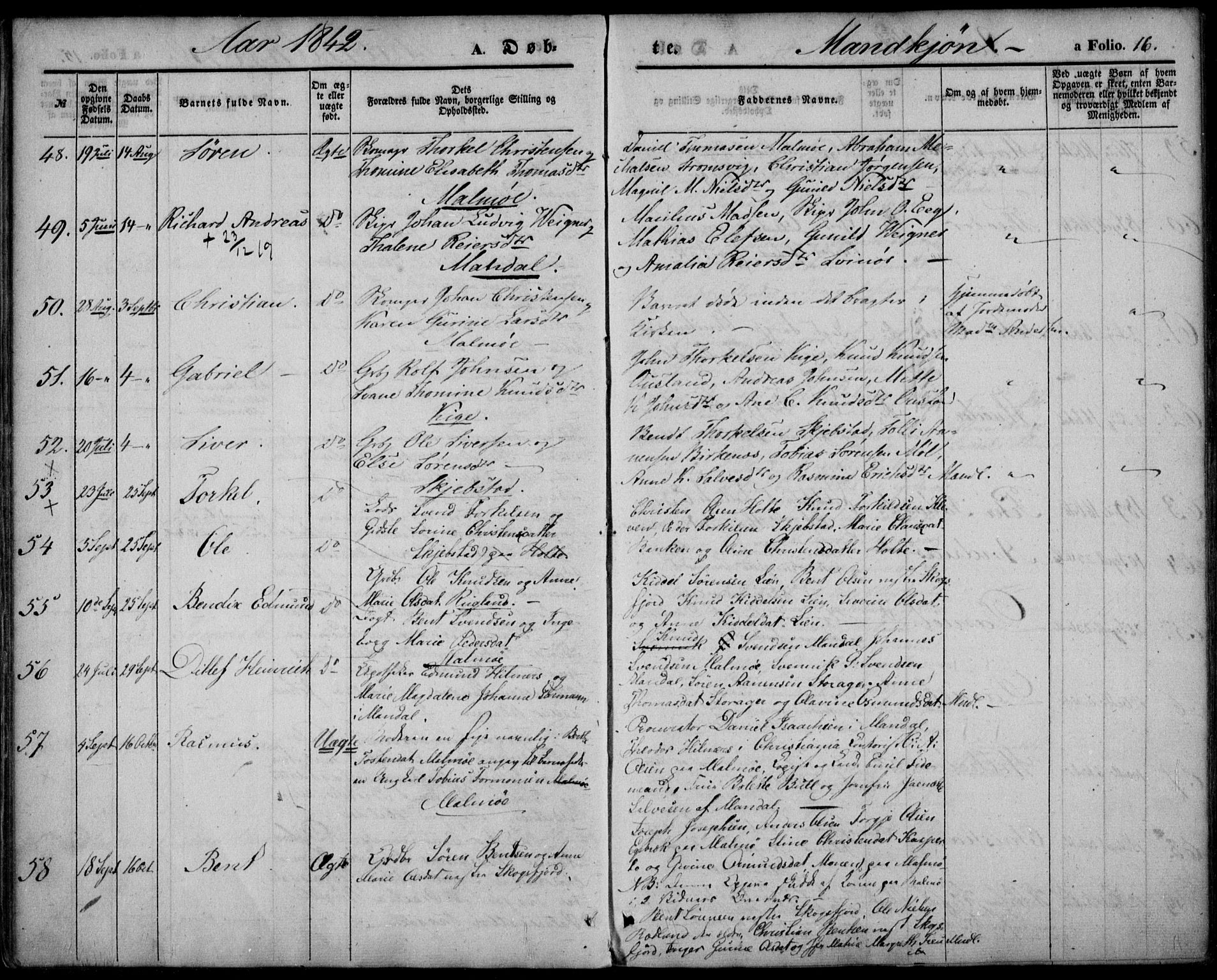 Mandal sokneprestkontor, SAK/1111-0030/F/Fa/Faa/L0012: Parish register (official) no. A 12, 1840-1847, p. 16