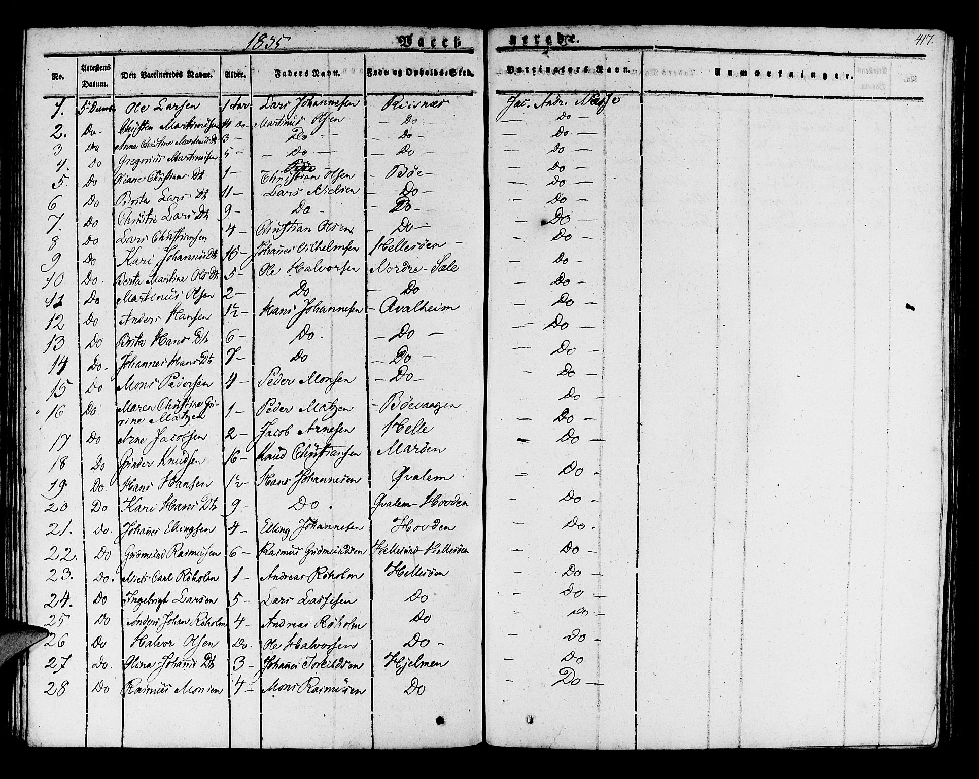 Manger sokneprestembete, SAB/A-76801/H/Haa: Parish register (official) no. A 4, 1824-1838, p. 417