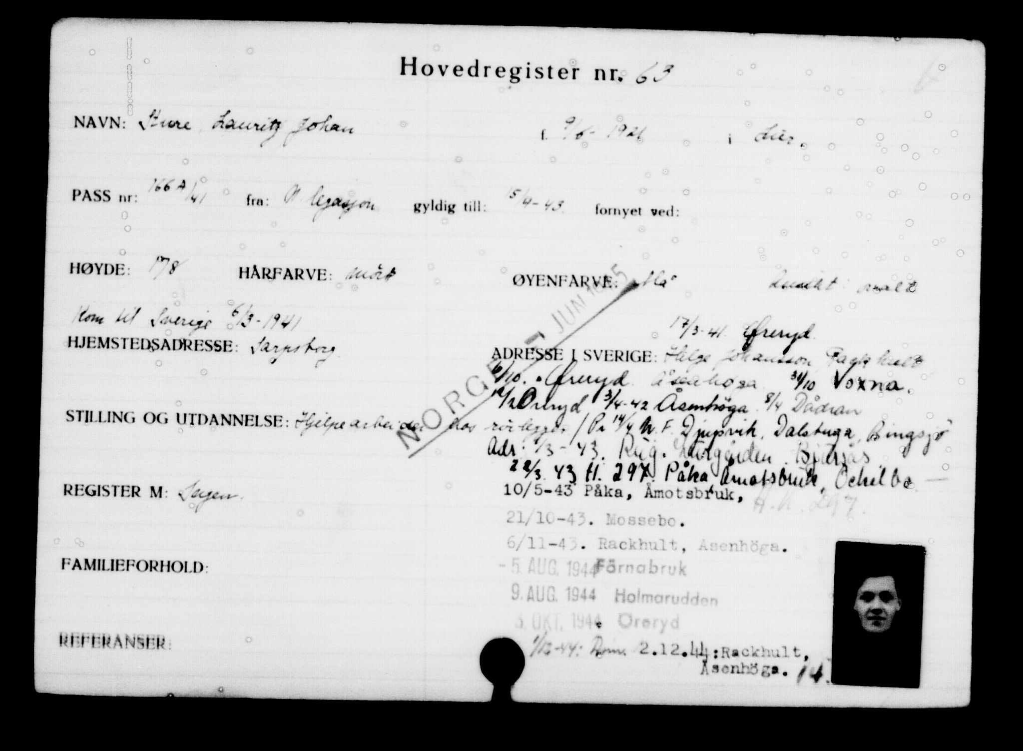 Utenriksstasjonene, Legasjonen i Stockholm, Flyktningkontoret, AV/RA-S-6753/V/Va/L0001: Kjesäterkartoteket, flyktninger med registreringsnr. 1-1000, 1940-1945, p. 108