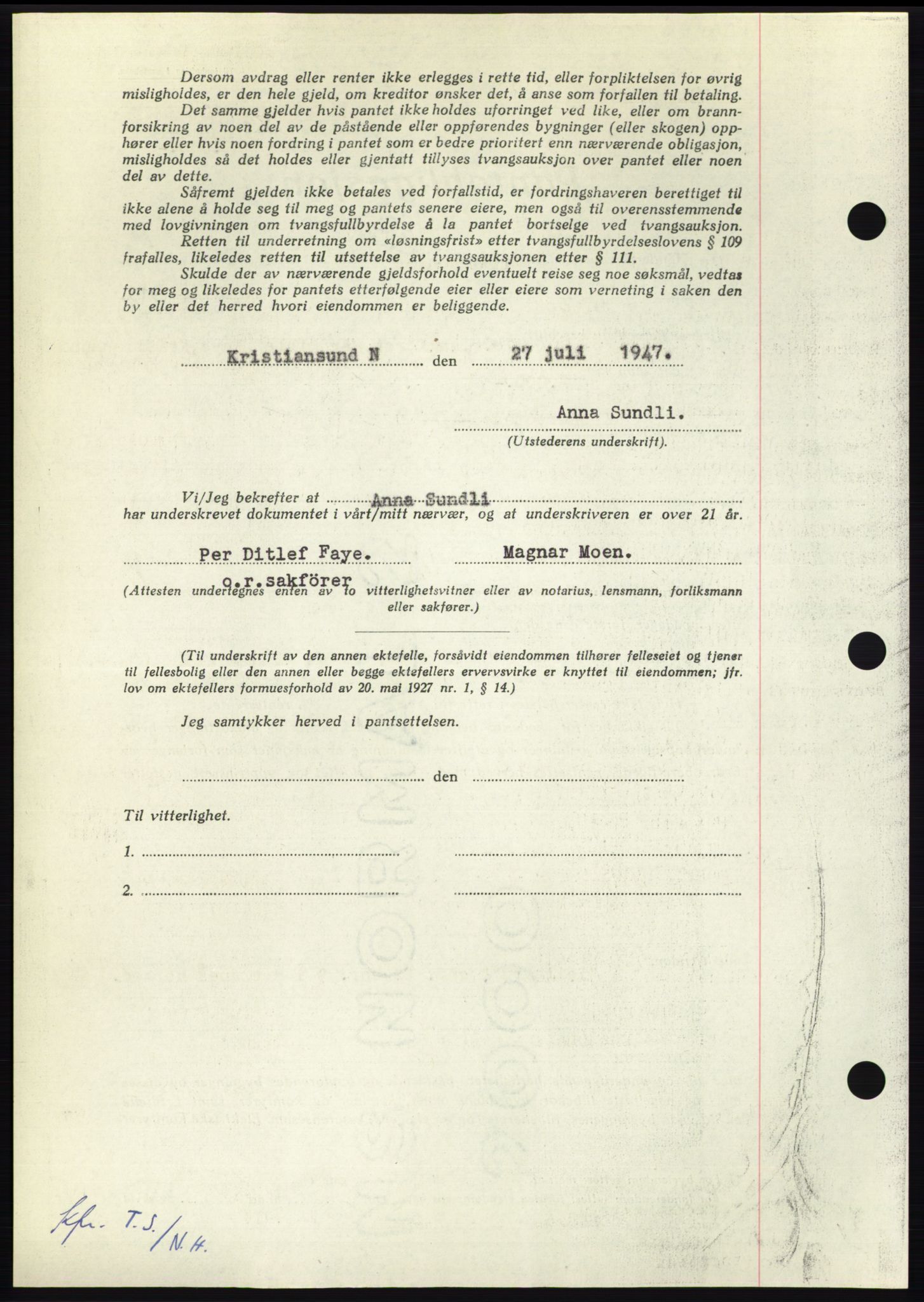 Nordmøre sorenskriveri, AV/SAT-A-4132/1/2/2Ca: Mortgage book no. B96, 1947-1947, Diary no: : 1848/1947