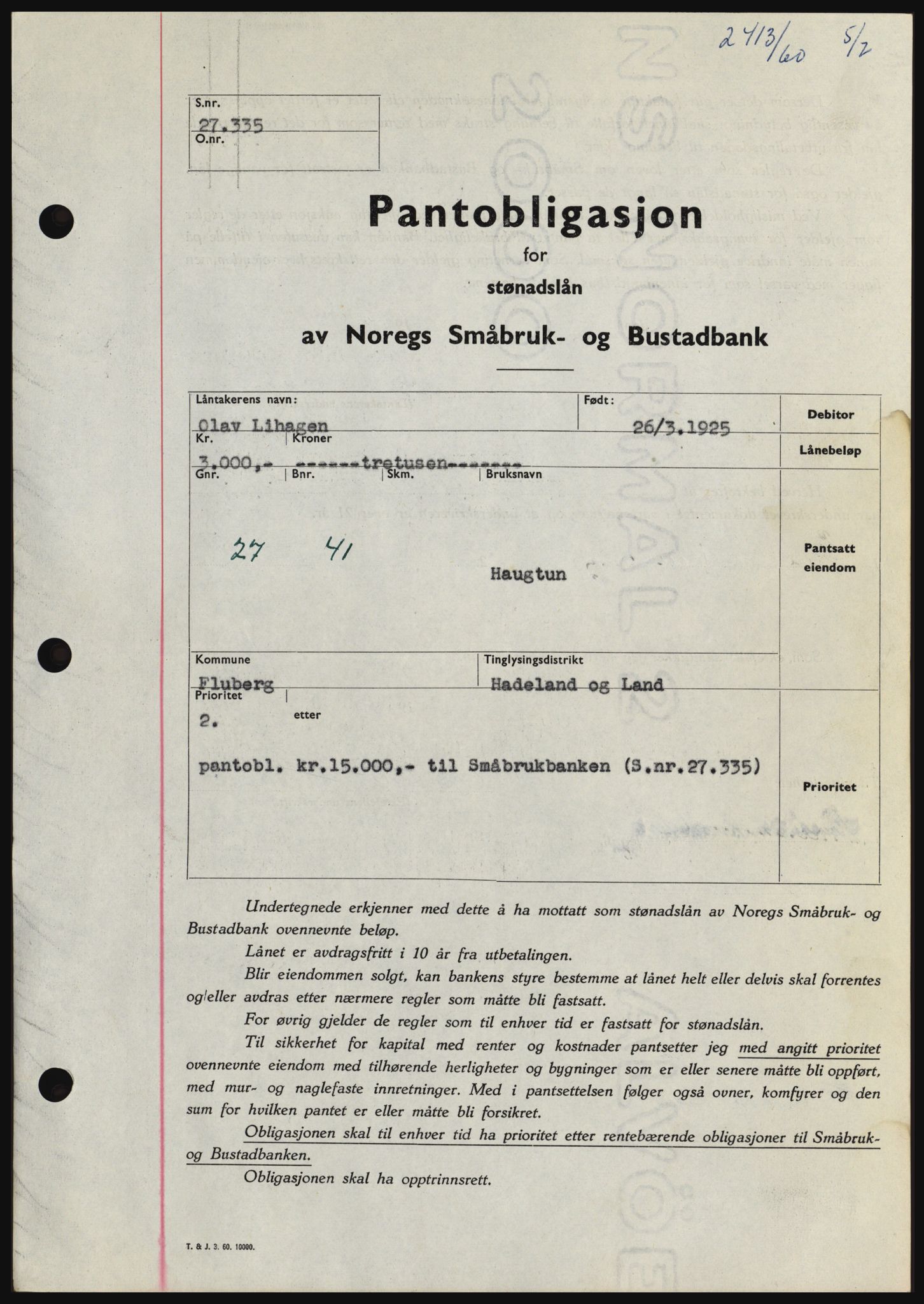 Hadeland og Land tingrett, SAH/TING-010/H/Hb/Hbc/L0043: Mortgage book no. B43, 1960-1960, Diary no: : 2413/1960
