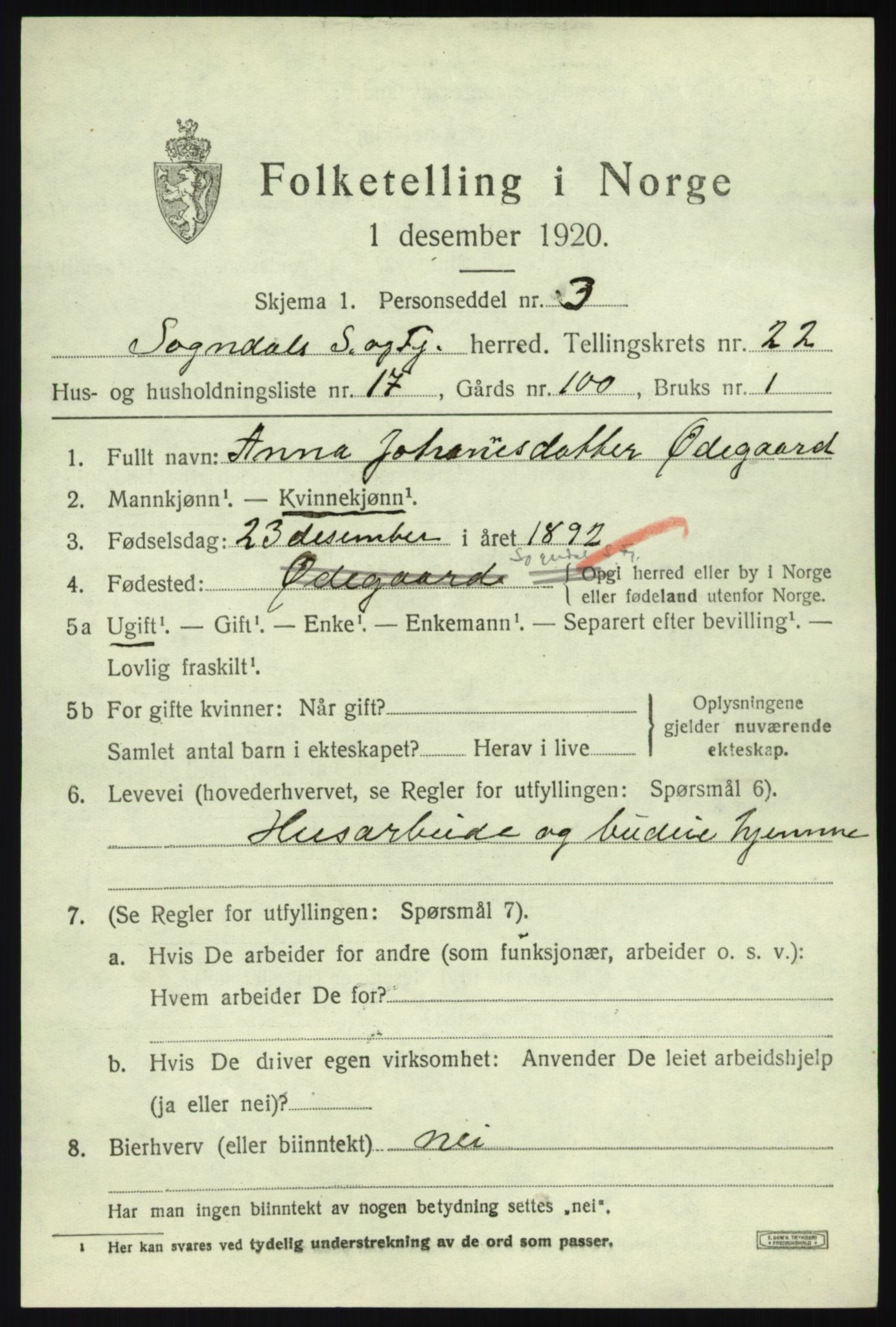 SAB, 1920 census for Sogndal, 1920, p. 8109