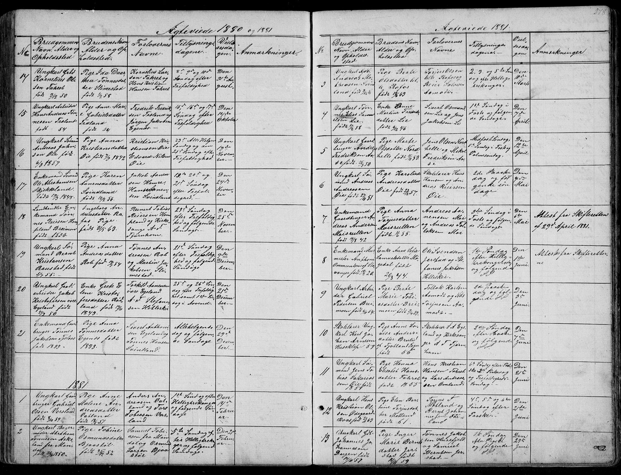 Kvinesdal sokneprestkontor, AV/SAK-1111-0026/F/Fb/Fbb/L0002: Parish register (copy) no. B 2, 1873-1897, p. 278