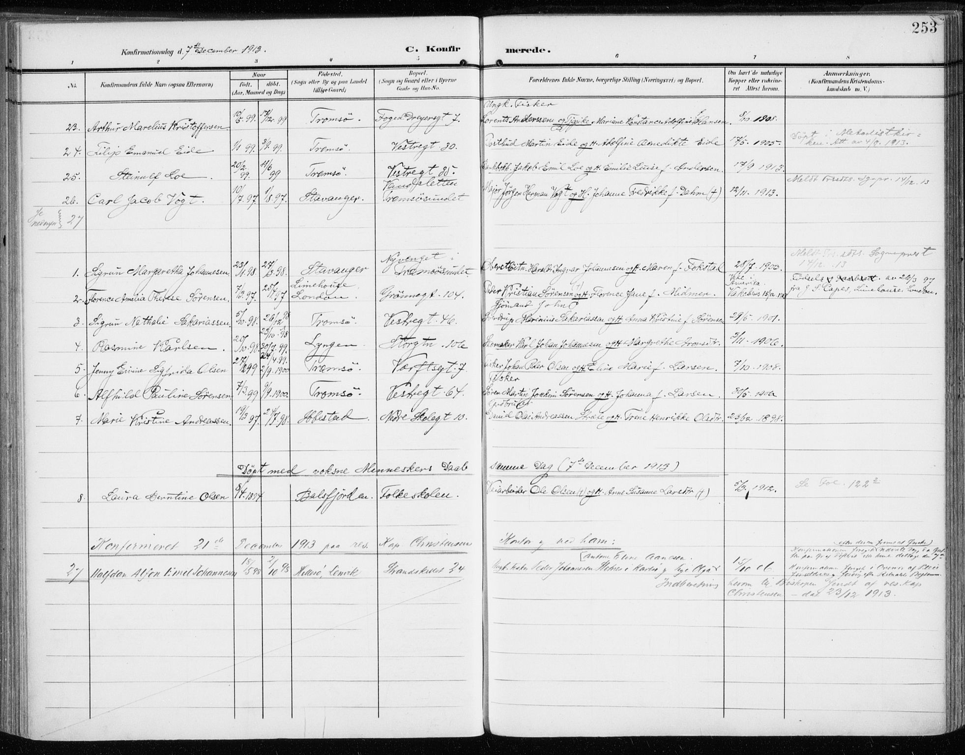 Tromsø sokneprestkontor/stiftsprosti/domprosti, AV/SATØ-S-1343/G/Ga/L0017kirke: Parish register (official) no. 17, 1907-1917, p. 253