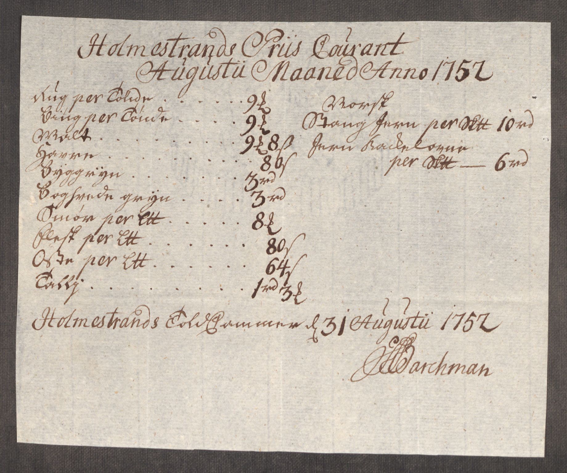 Rentekammeret inntil 1814, Realistisk ordnet avdeling, RA/EA-4070/Oe/L0004: [Ø1]: Priskuranter, 1749-1752, p. 879