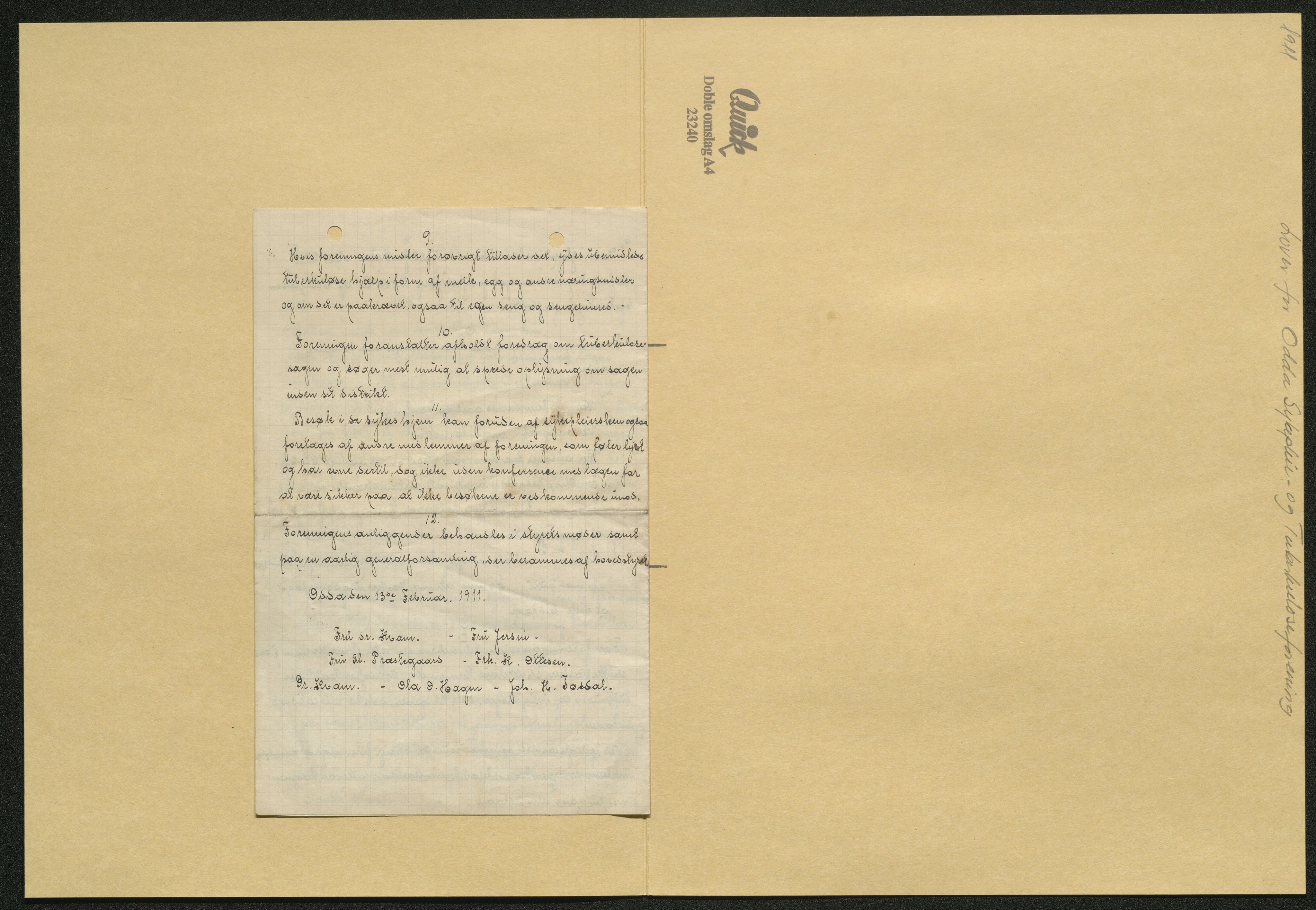 Ymse brevsamlingar m.m., IKAH/1231b-Pa0002/D/Da/L0001/0005: Korrespondanse / Lover for Odda Sykepleie- og Tubekuloseforening, 1911