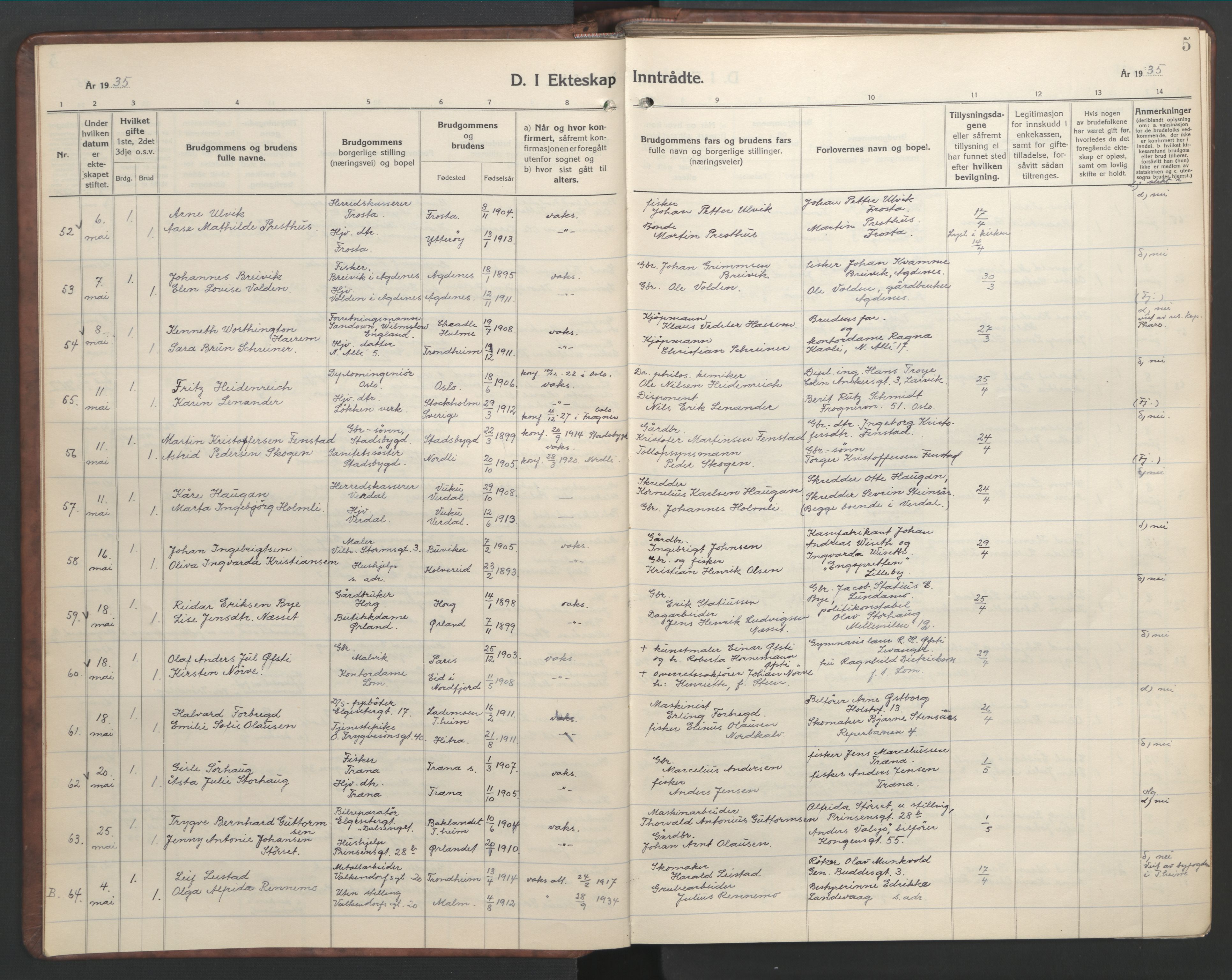 Ministerialprotokoller, klokkerbøker og fødselsregistre - Sør-Trøndelag, AV/SAT-A-1456/601/L0101: Parish register (copy) no. 601C19, 1935-1946, p. 5