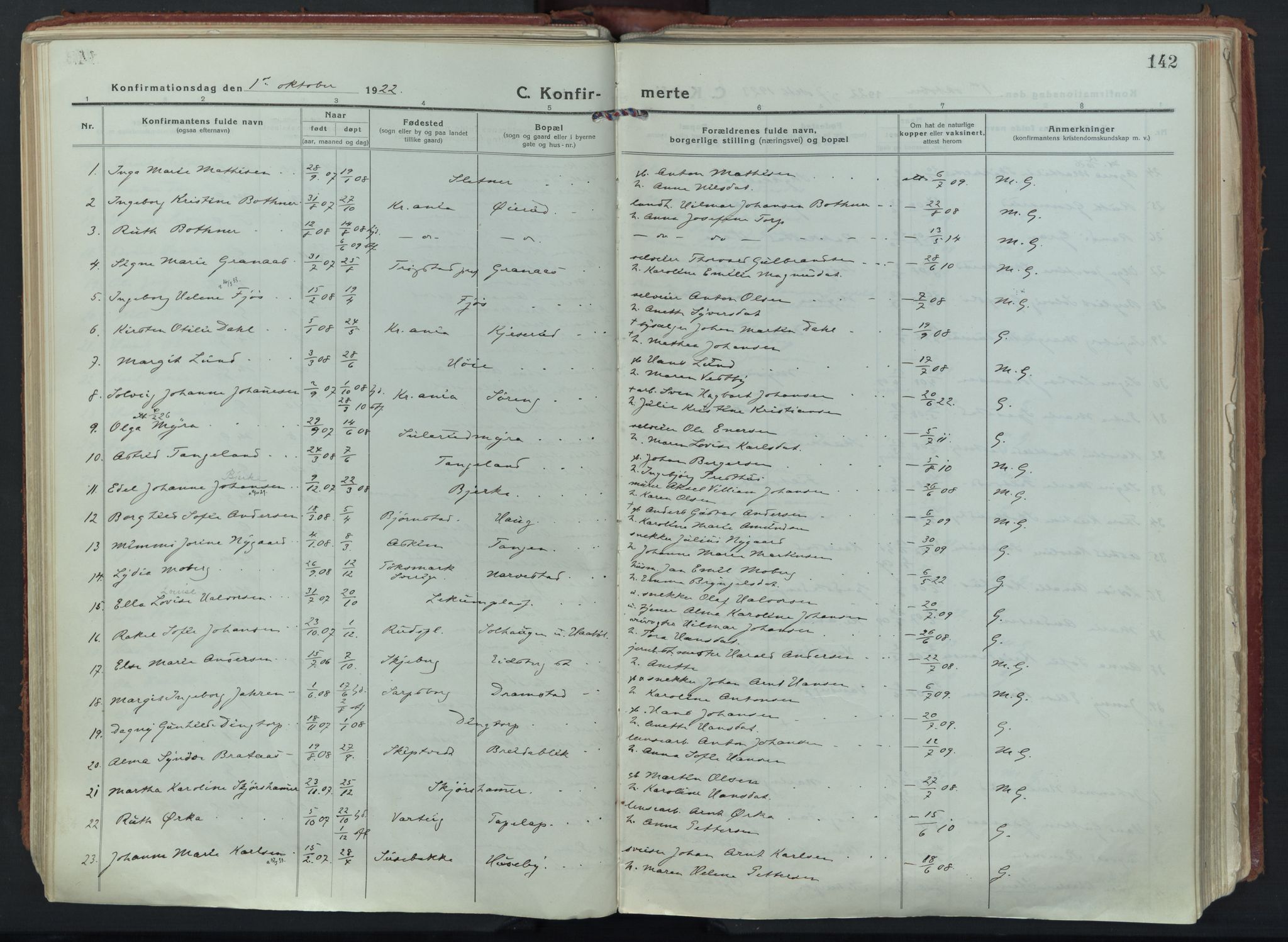 Eidsberg prestekontor Kirkebøker, AV/SAO-A-10905/F/Fa/L0015: Parish register (official) no. I 15, 1920-1937, p. 142
