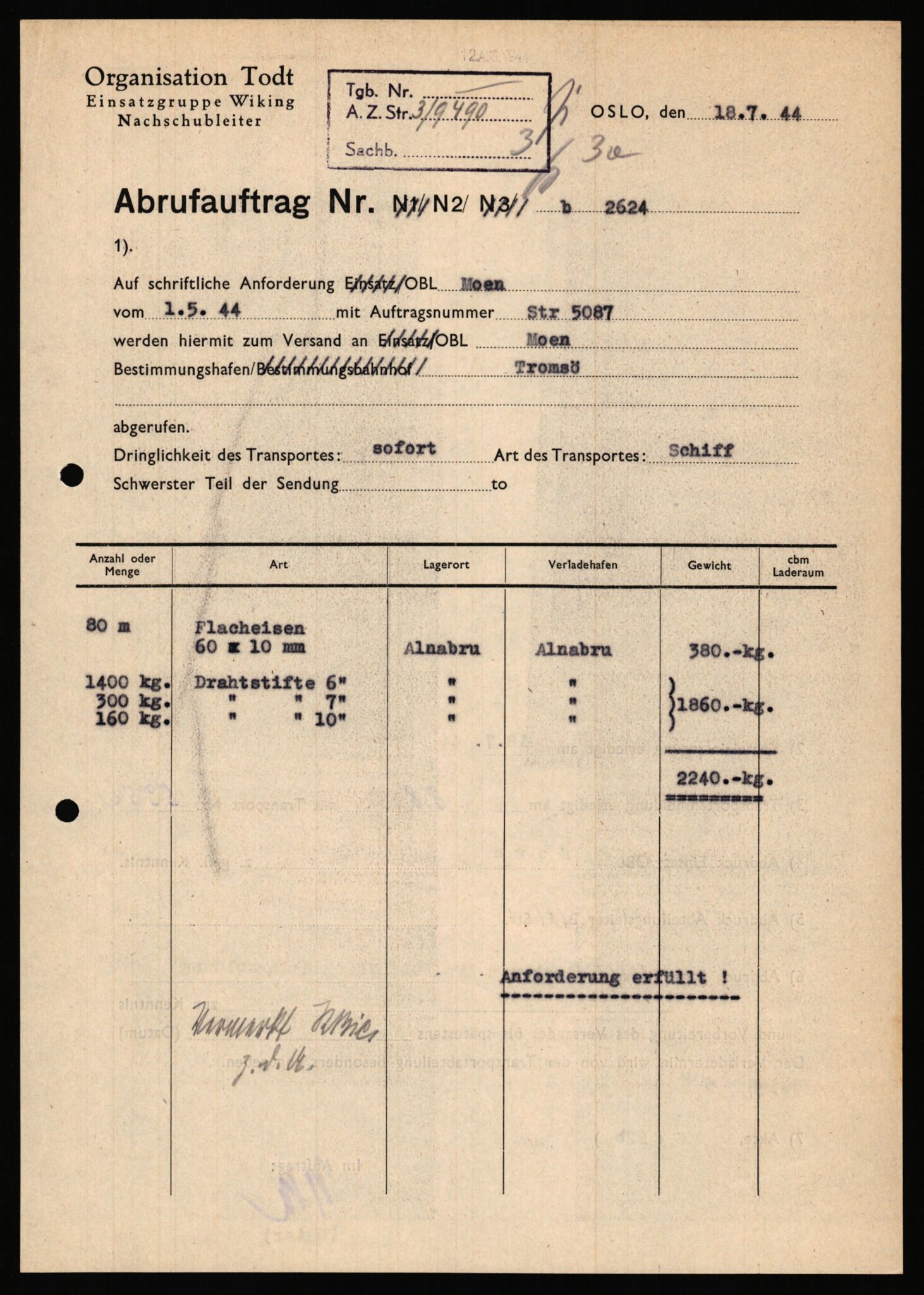 Tyske arkiver, Organisation Todt (OT), Einsatzgruppe Wiking, AV/RA-RAFA-2188/1/E/E6/E6c/L0007: Nachschub: Arkivkode 9451-9490, 1940-1945, p. 606