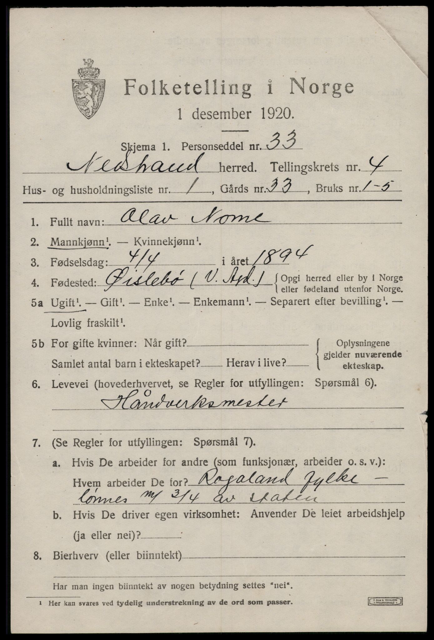 SAST, 1920 census for Nedstrand, 1920, p. 1793