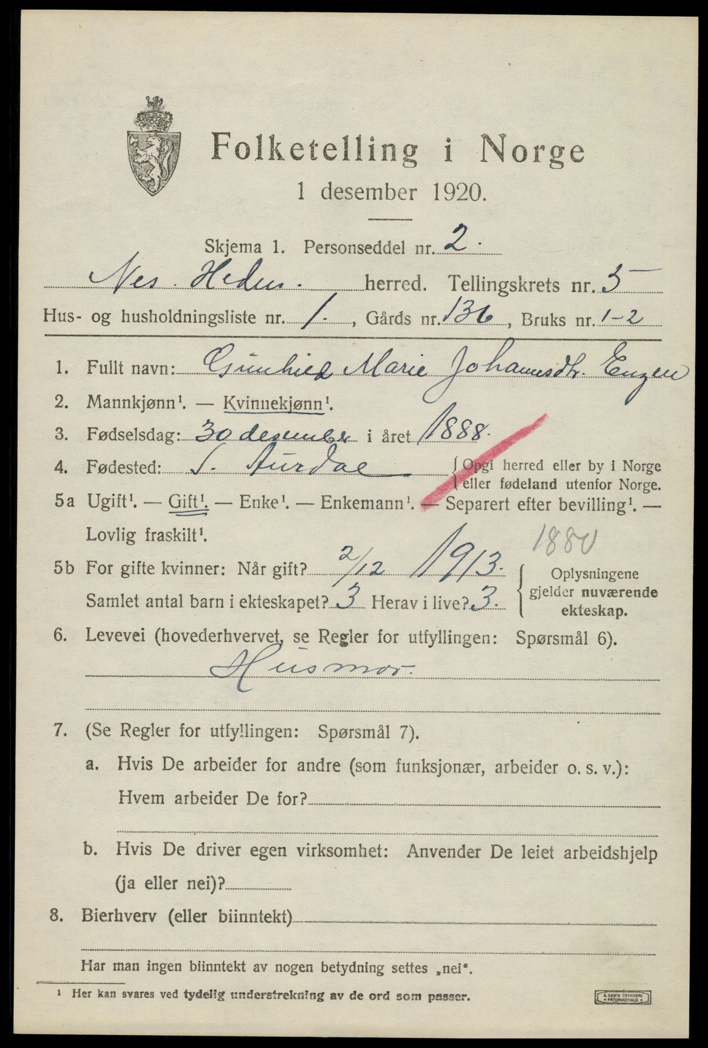 SAH, 1920 census for Nes (Hedmark), 1920, p. 6640