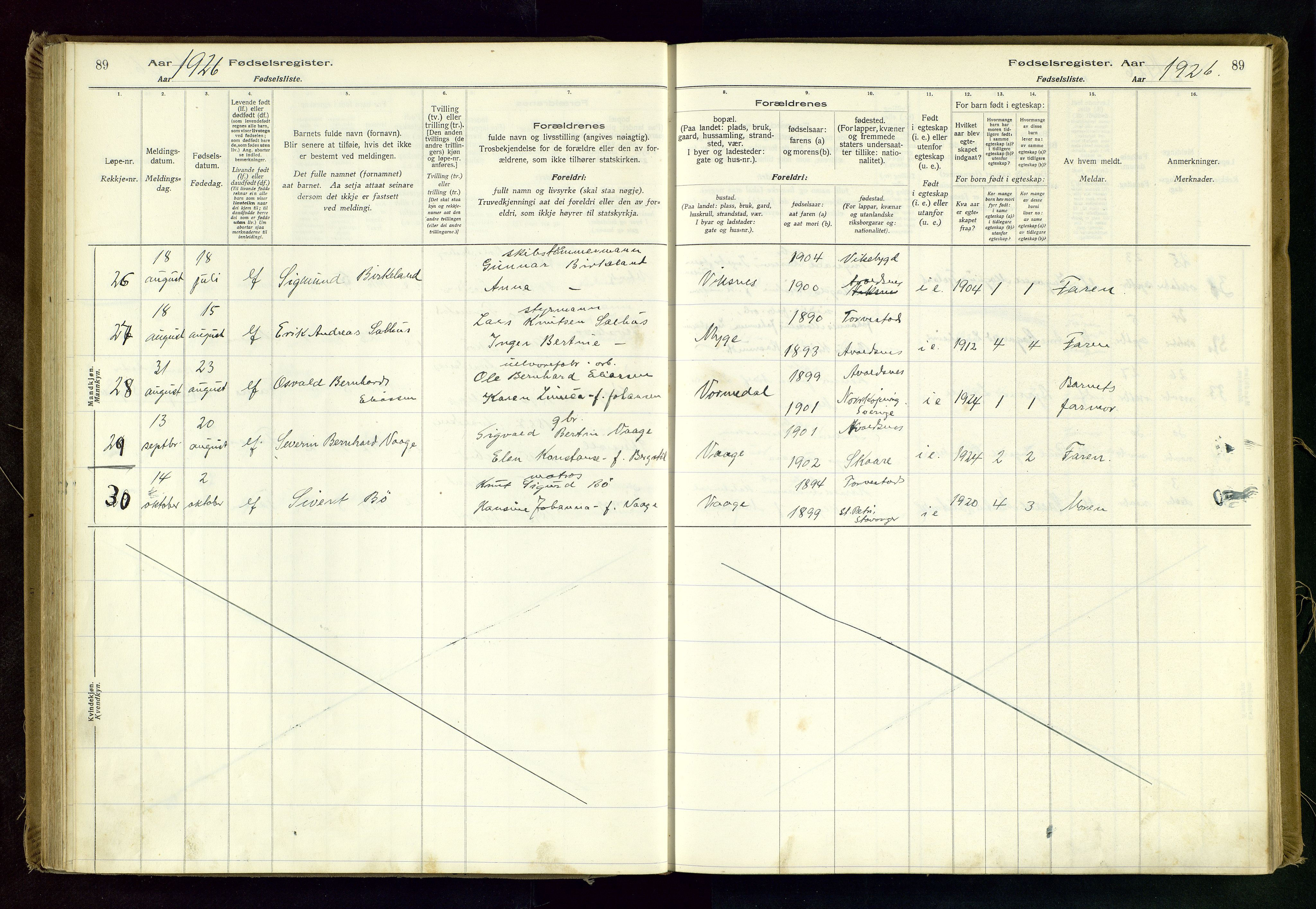 Avaldsnes sokneprestkontor, SAST/A -101851/I/Id/L0001: Birth register no. 1, 1916-1946, p. 89