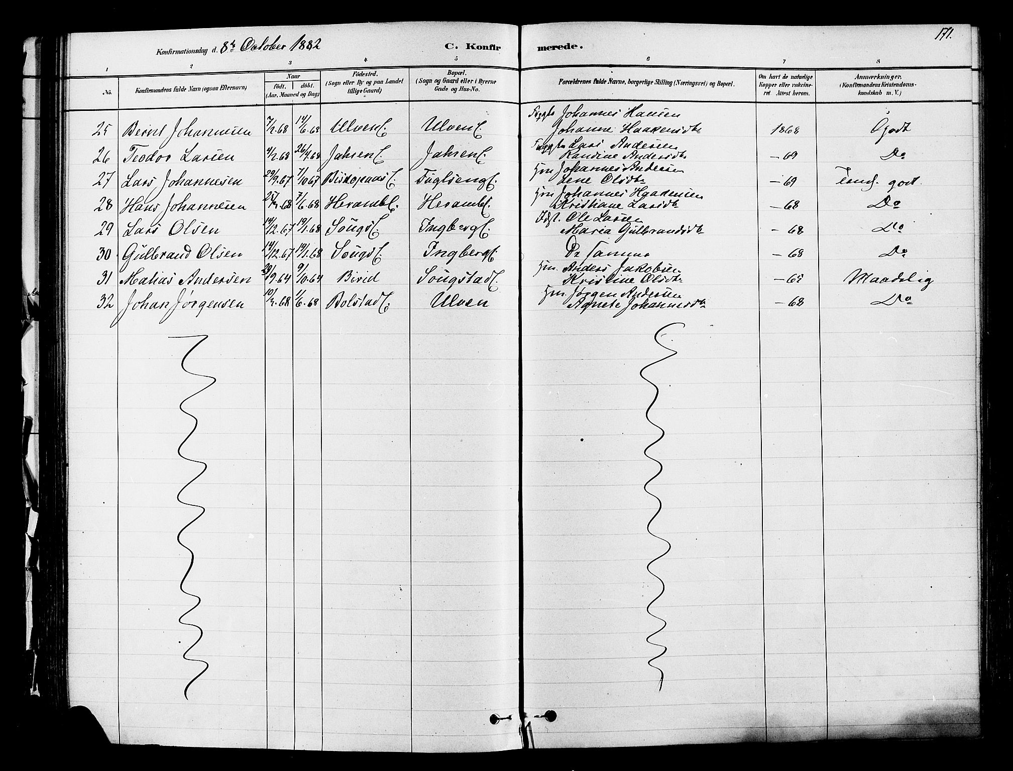 Ringsaker prestekontor, AV/SAH-PREST-014/K/Ka/L0012: Parish register (official) no. 12, 1879-1890, p. 171