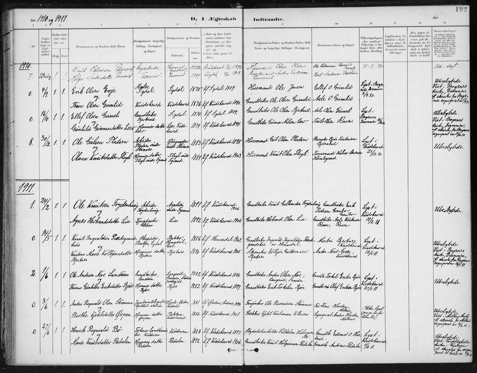 Krødsherad kirkebøker, SAKO/A-19/F/Fa/L0007: Parish register (official) no. 7, 1900-1915, p. 192