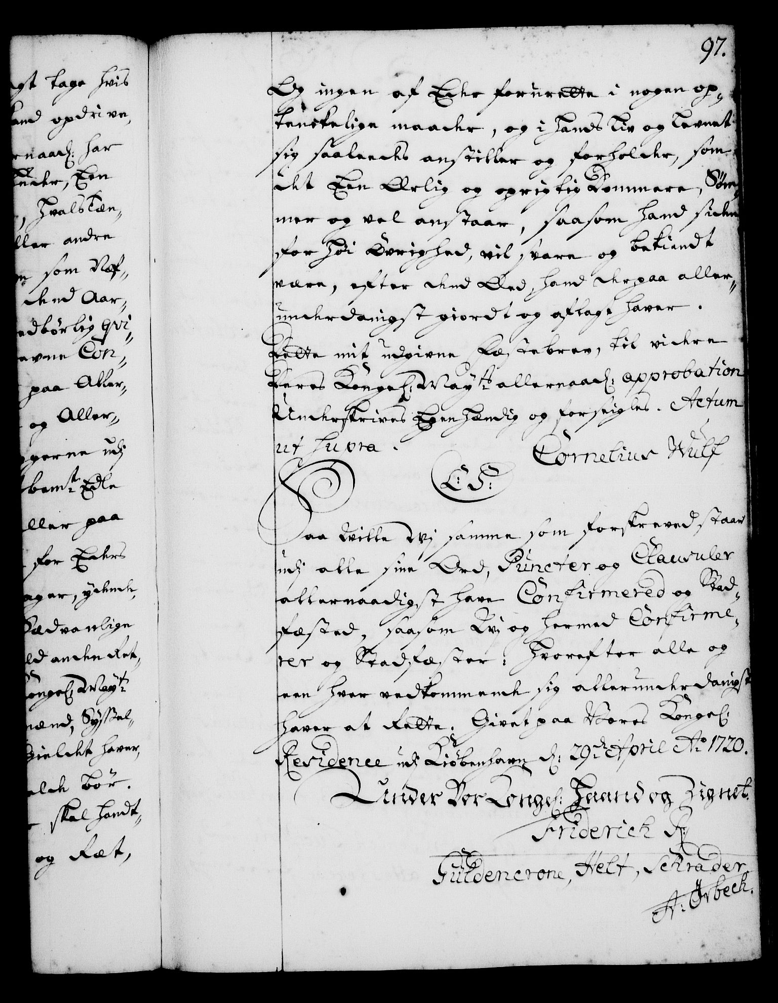 Rentekammeret, Kammerkanselliet, RA/EA-3111/G/Gg/Gga/L0001: Norsk ekspedisjonsprotokoll med register (merket RK 53.1), 1720-1723, p. 97