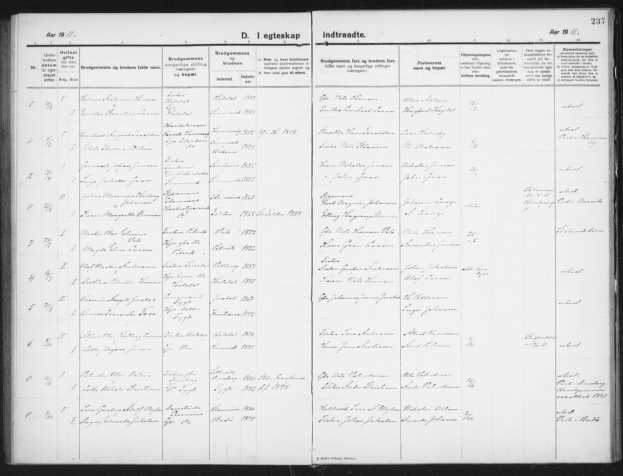 Ministerialprotokoller, klokkerbøker og fødselsregistre - Nordland, SAT/A-1459/882/L1183: Parish register (copy) no. 882C01, 1911-1938, p. 237