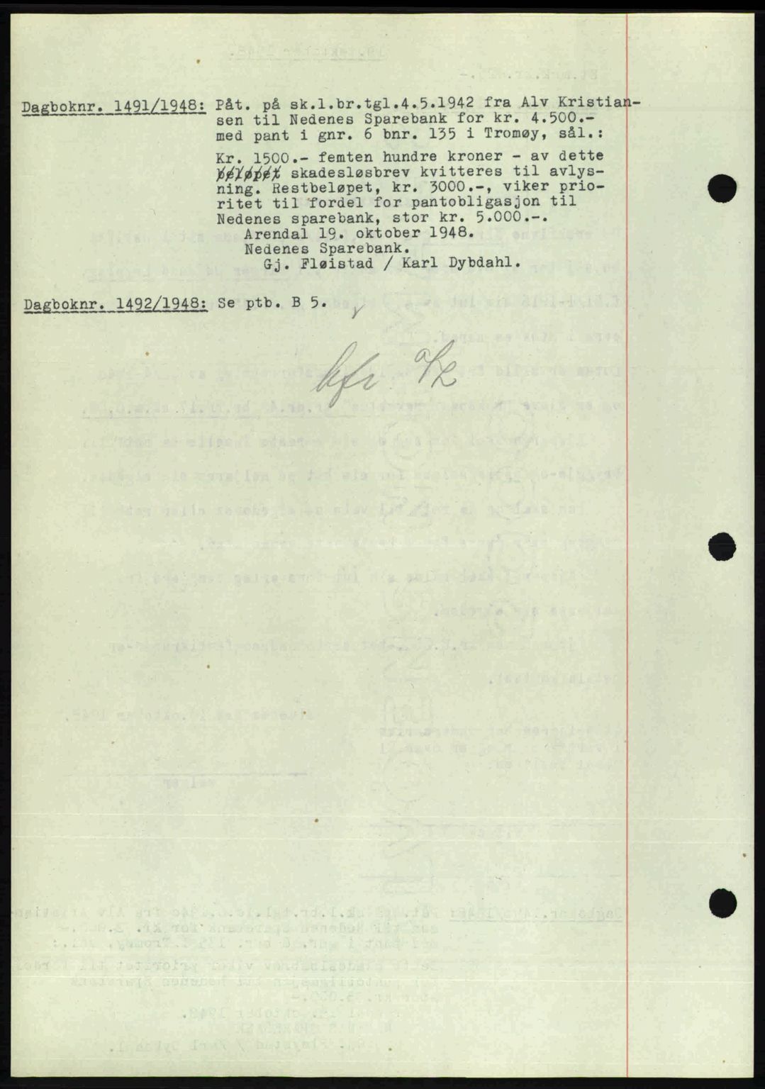 Nedenes sorenskriveri, SAK/1221-0006/G/Gb/Gba/L0059: Mortgage book no. A11, 1948-1948, Diary no: : 1491/1948