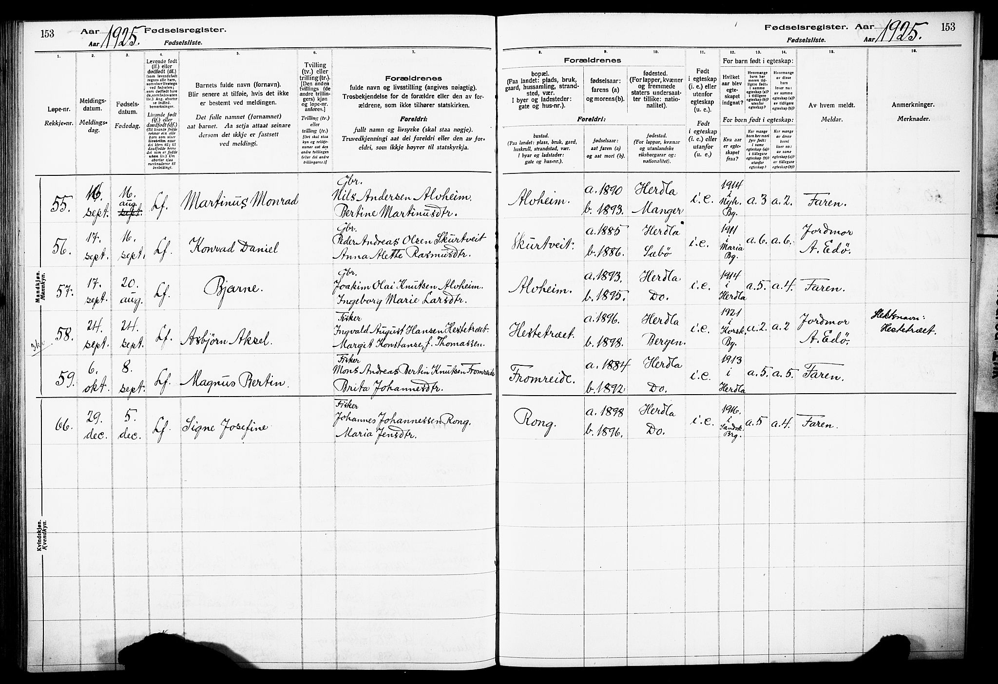 Herdla Sokneprestembete, AV/SAB-A-75701/I/Id/L00A1: Birth register no. A 1, 1916-1929, p. 153